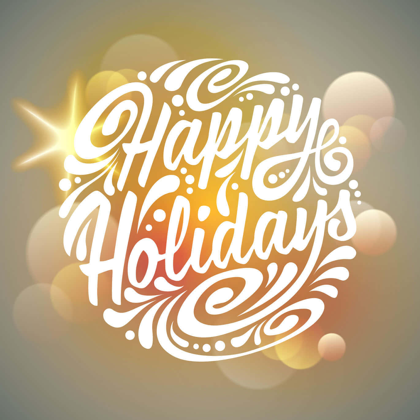 Happy Holidays 節日文字，帶有金色散景背景和星爆。