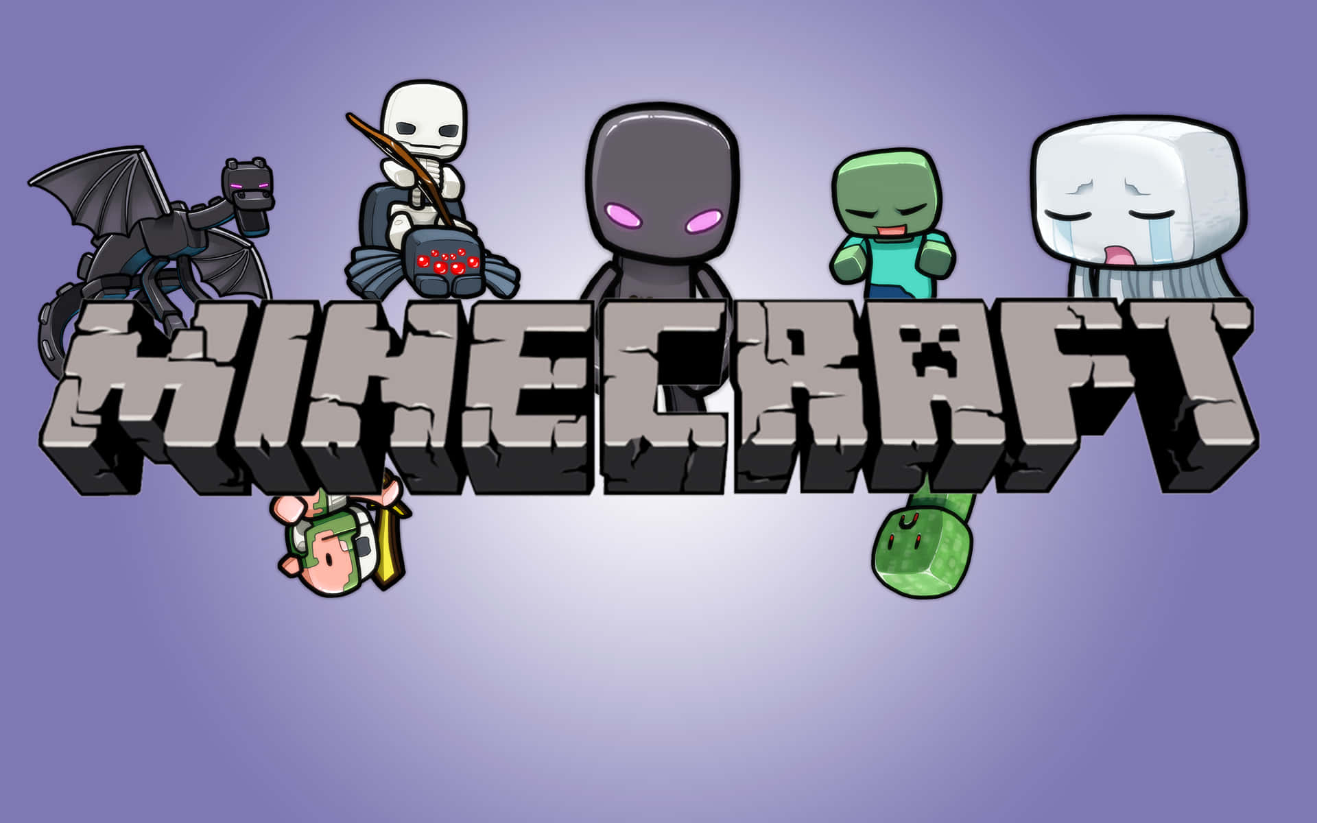 Minecraft 遊戲標誌，其標誌性方塊角色在紫色背景上。