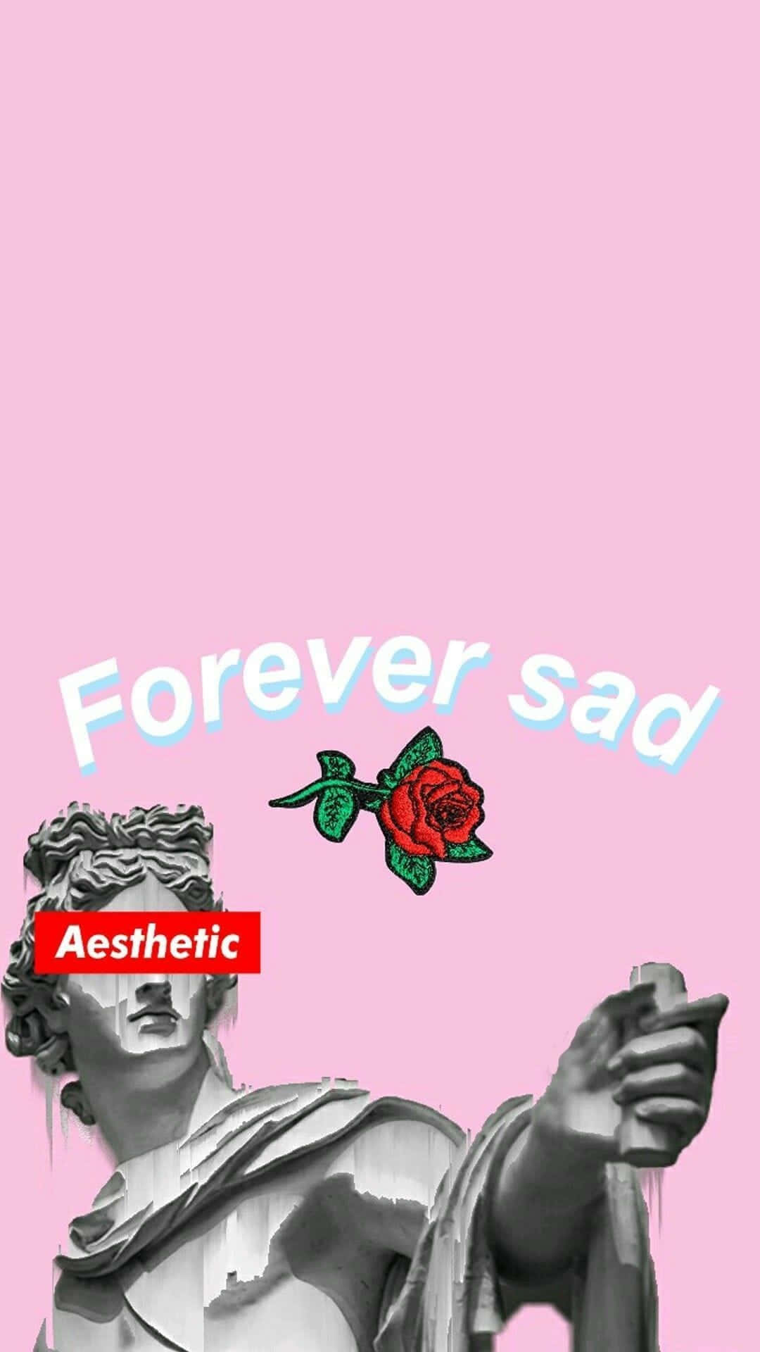 雕像與紅玫瑰及文字 forever sad 在粉紅色背景上