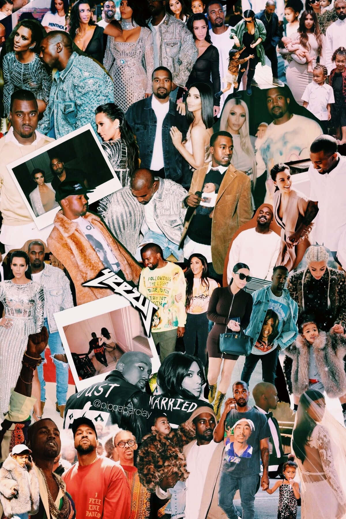 名人拼貼畫， featuring Kanye West、Kim Kardashian及其家人在各種照片中。