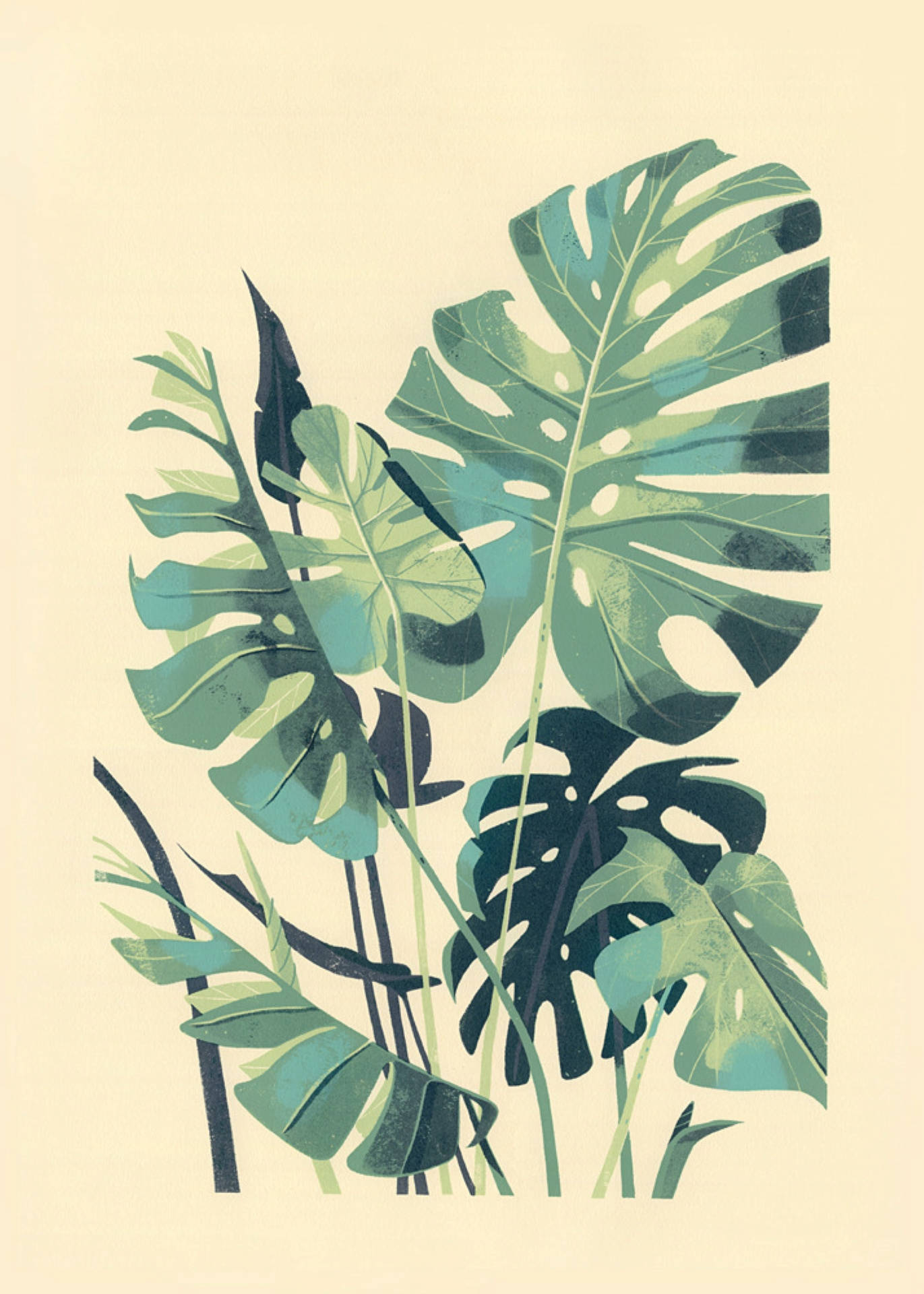 美學龜背芋藝術 壁紙 — 充滿活力的龜背竹葉，以綠色和藍綠色的層次色調呈現，襯托柔和的奶油色背景。
