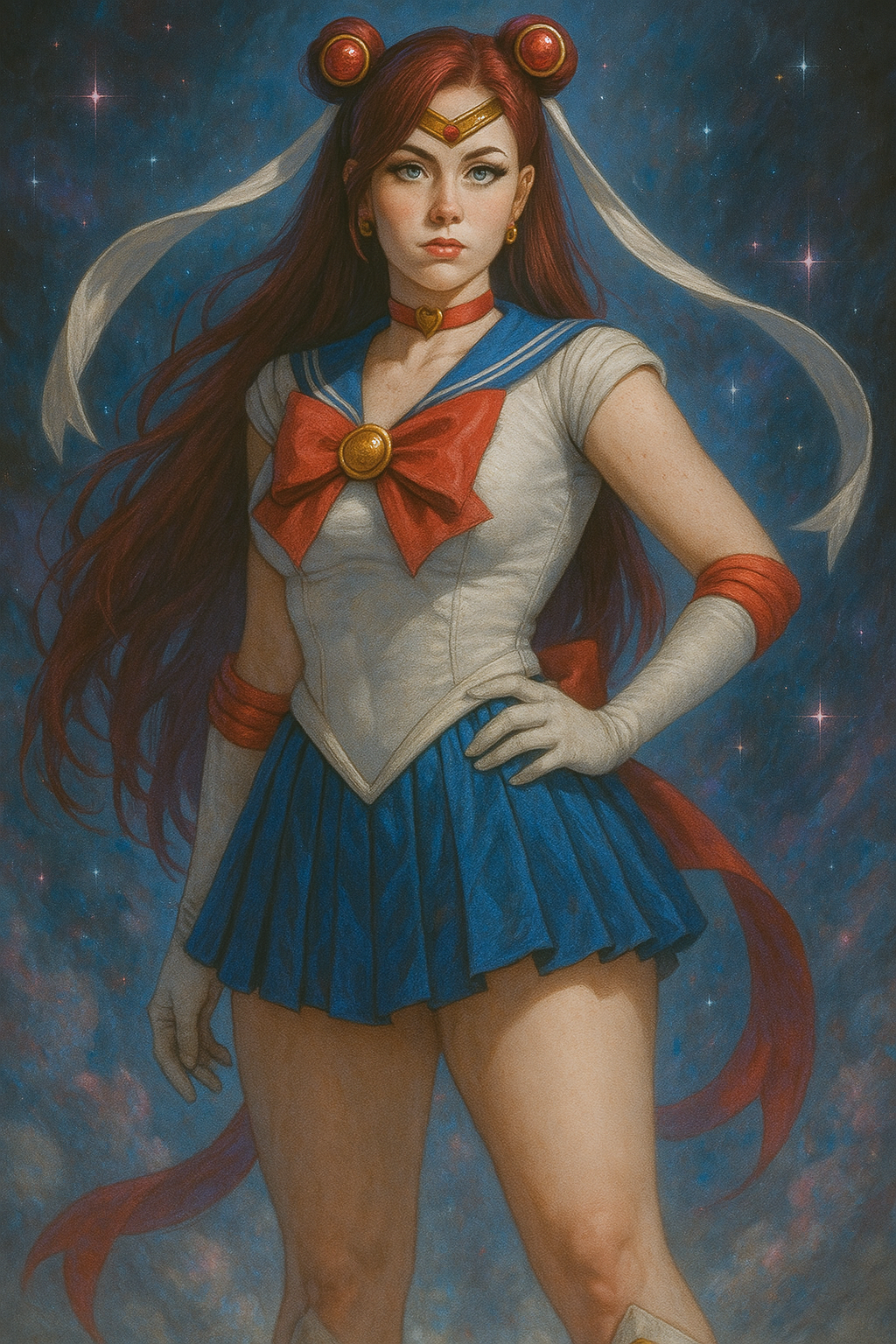 美少女戰士 壁紙 — 紅髮動漫風格水手女孩，身穿藍紅制服，自信地站在繁星宇宙背景前。