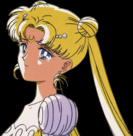 美少女戰士側面情感表情 壁紙 — 動畫角色美少女戰士Sailor Moon，金色雙馬尾和新月頭飾，在黑色背景上向上凝視。