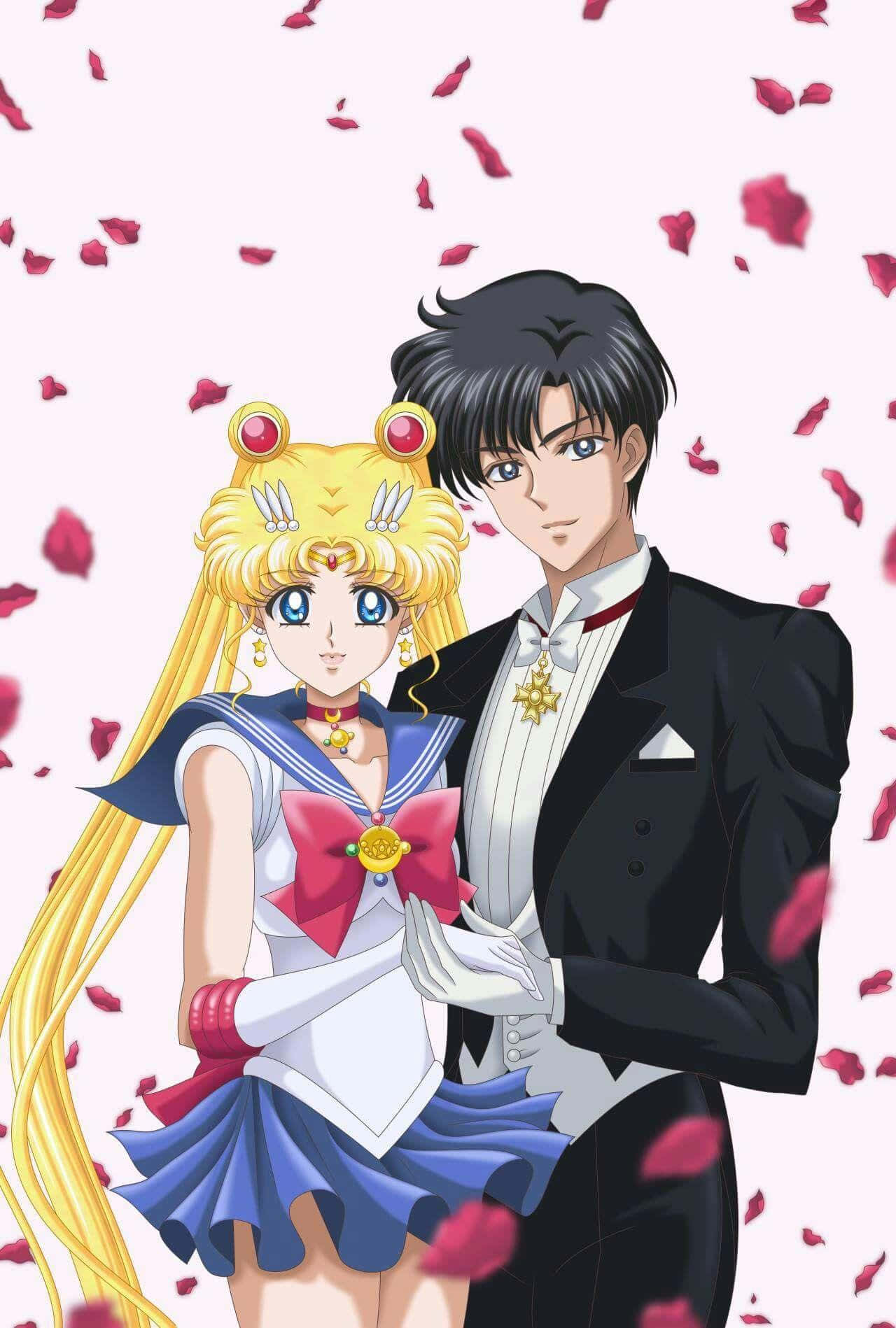 tuxedo mask 桌布 壁紙 — 美少女戰士和禮服假面在浪漫的動畫場景中站在飄落的玫瑰花瓣下。