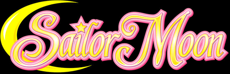 帶有粉紅色和黃色草書文字和新月的 Sailor Moon 標誌。 — 美少女戰士 壁紙