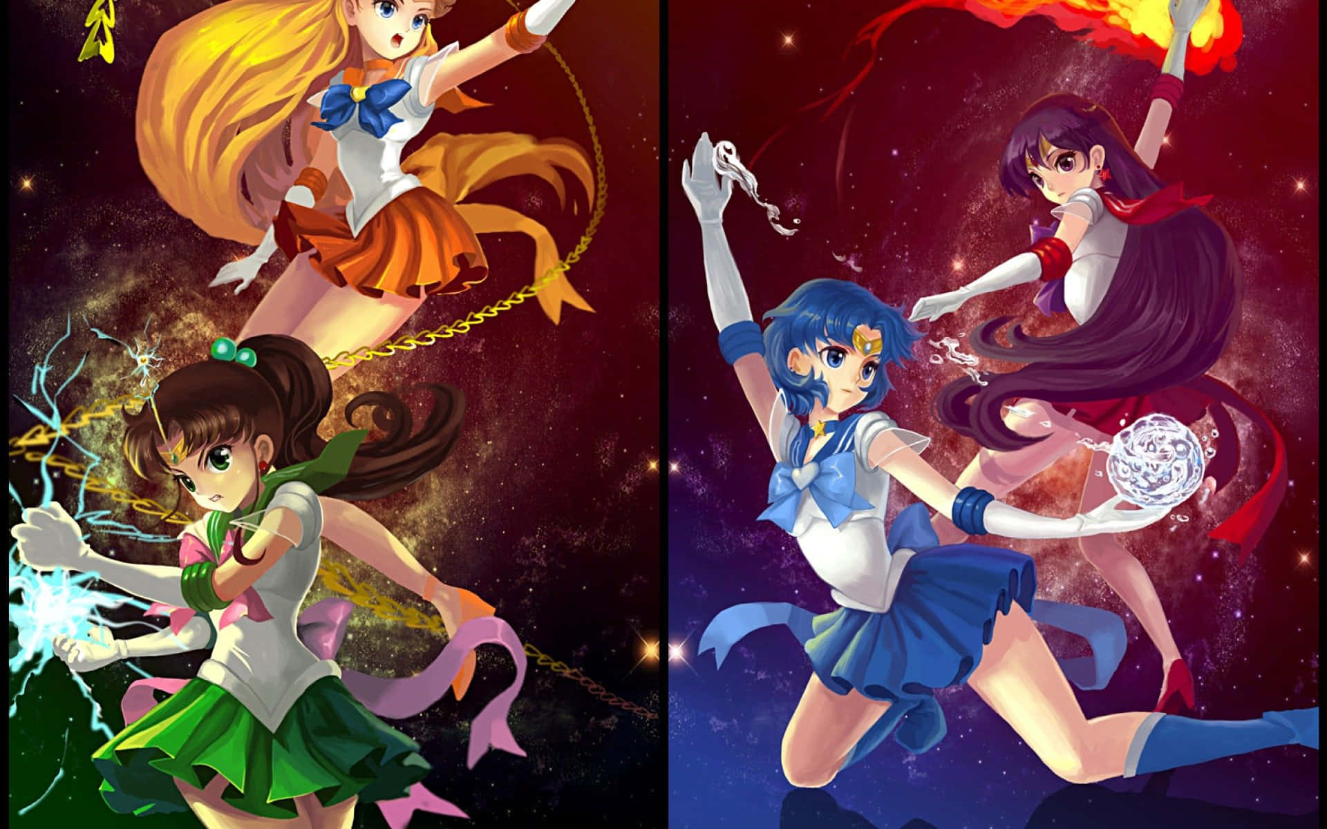 四個穿著水手服嘅動漫女仔喺星際戰鬥中揮舞魔法武器。