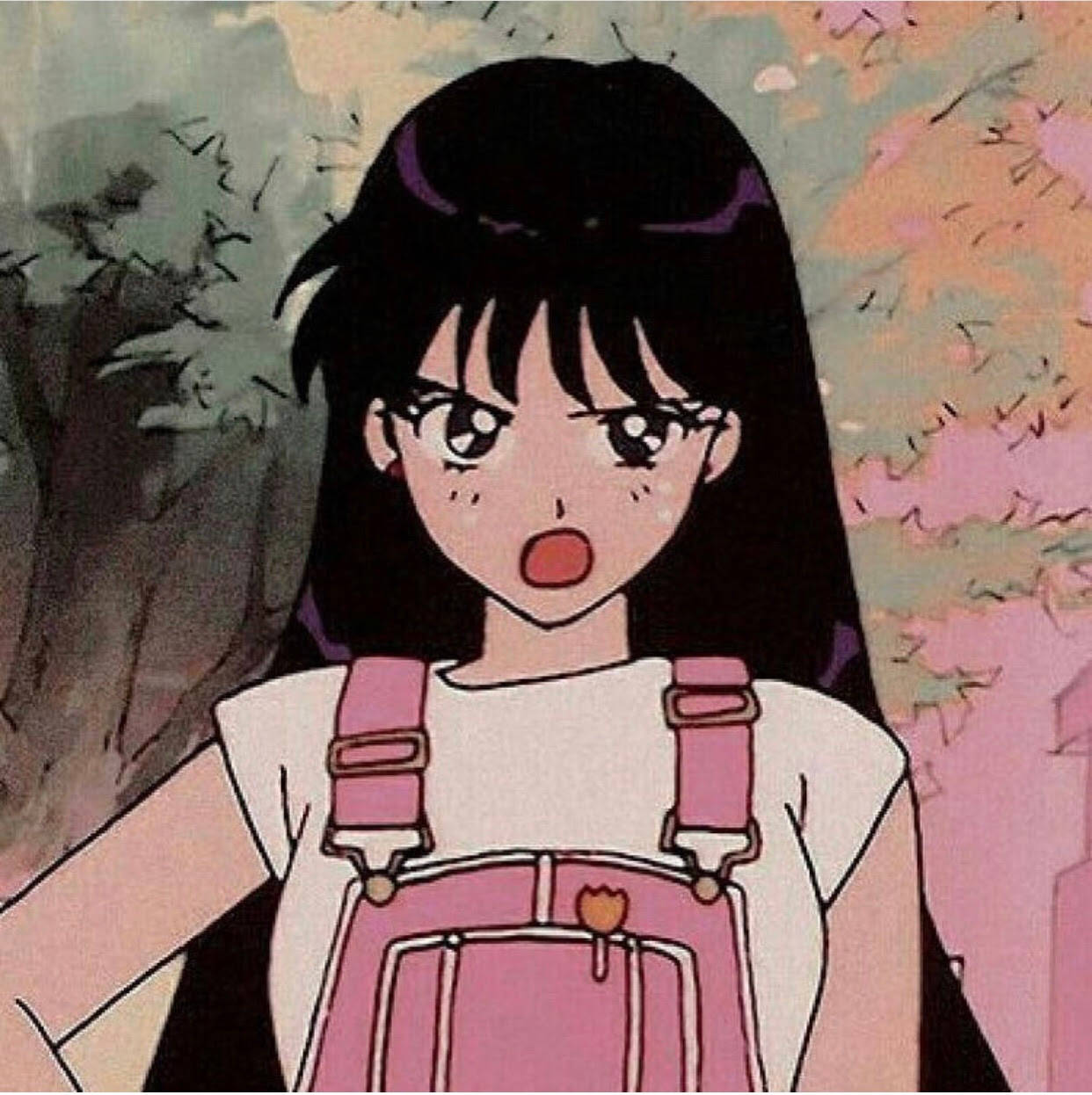 美少女戰士火星水手頭像 壁紙 — 一個驚訝的動漫女孩，黑髮，穿著粉紅色吊帶褲，站在盛開的櫻花下。