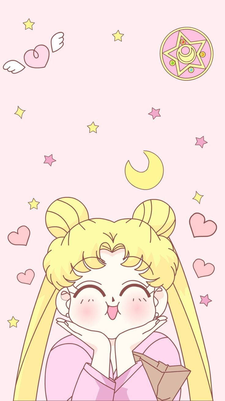 金色雙馬尾的動漫女孩，雙手托腮微笑，周圍有星星、心形和彎月。