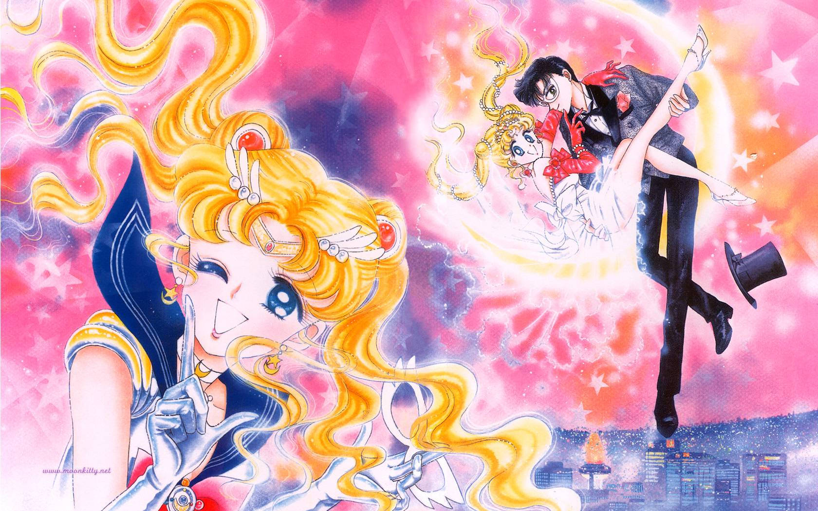 美少女戰士和禮服假面在發光的城市和星空背景下浪漫擁抱。 — 美少女戰士 壁紙