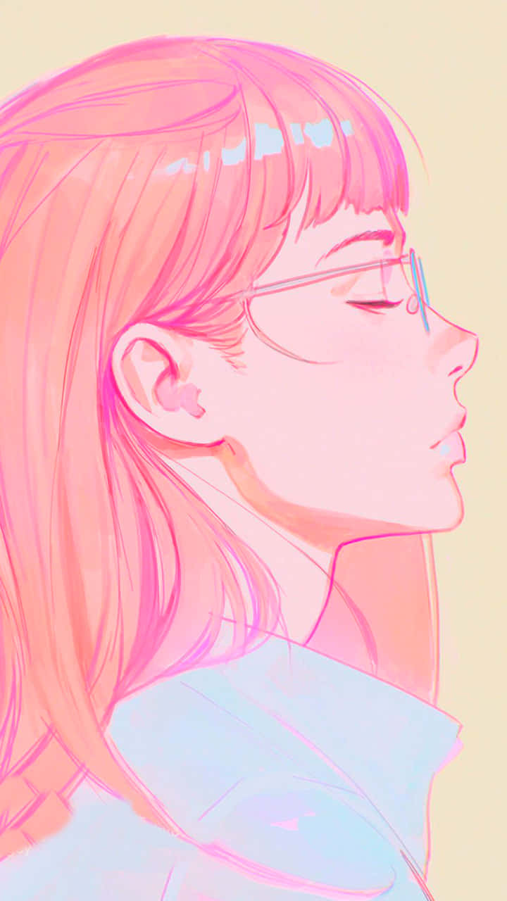 粉紅色頭髮和眼鏡的動漫女孩，在平靜的粉彩肖像中。