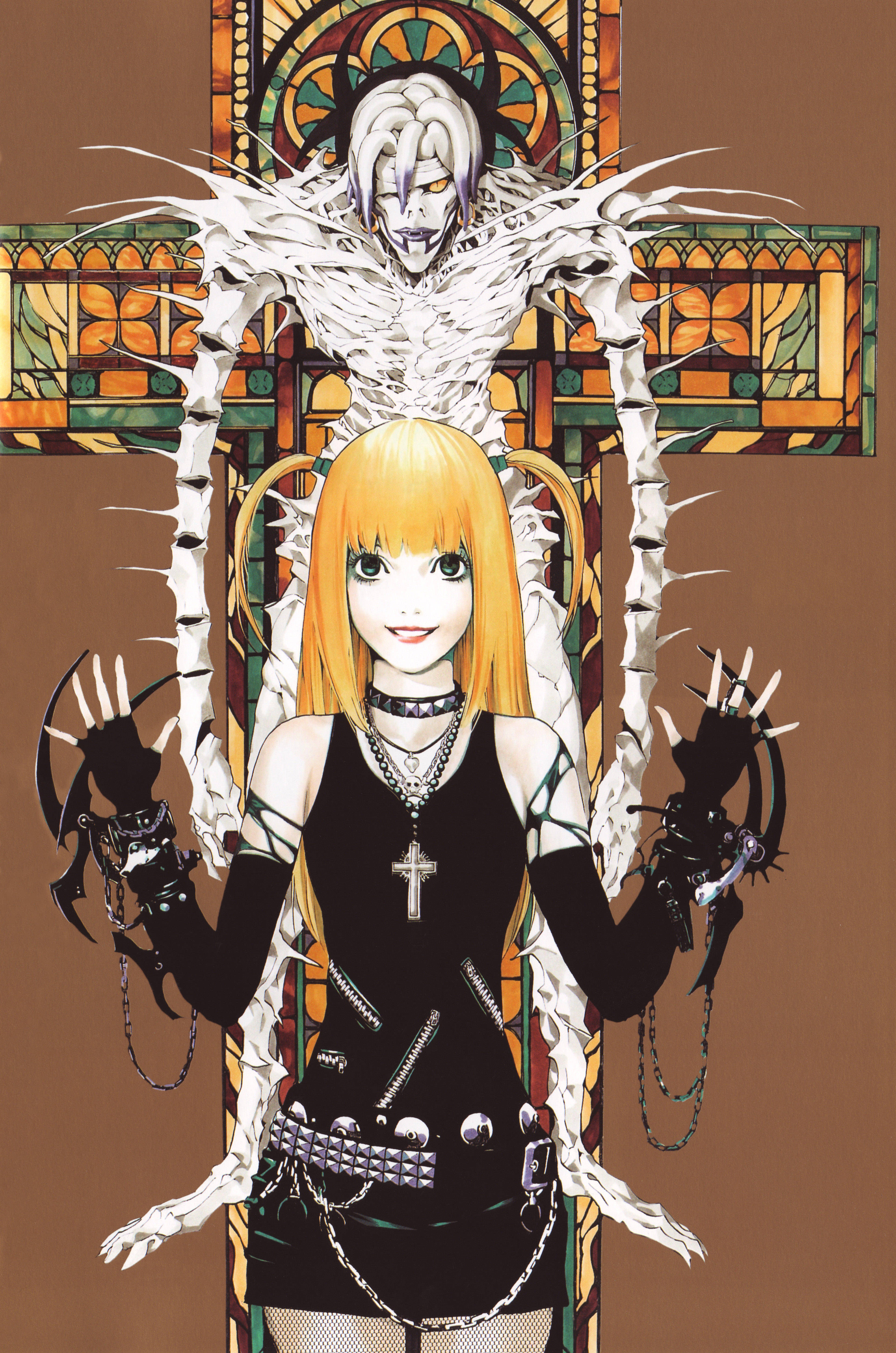 美沙·阿曼與蕾姆 壁紙 — 一位金髮動漫少女穿著哥德式服裝，站在彩繪玻璃十字架前，身後有一個骷髏形象。