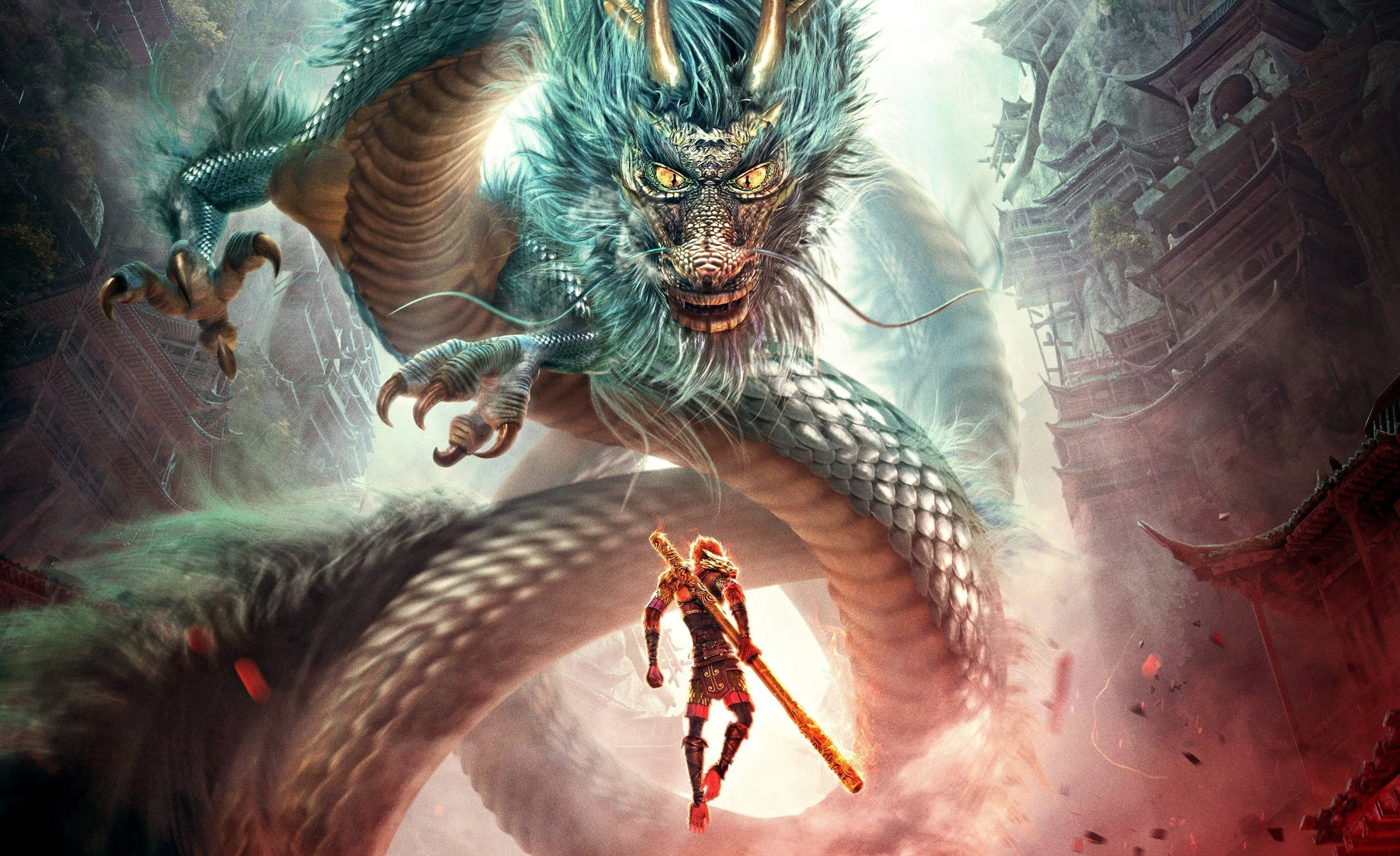 美猴王與綠龍 壁紙 — 一名手持火焰法杖的戰士，在崩塌的古代中國建築中對峙著一隻巨大的藍綠色巨龍。