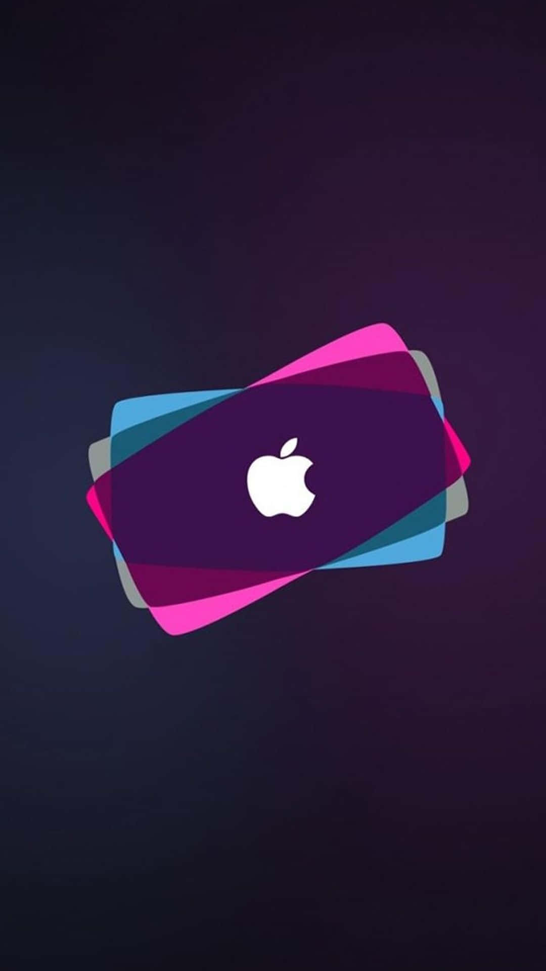 Apple標誌在彩色重疊的幾何形狀上，背景為深紫色