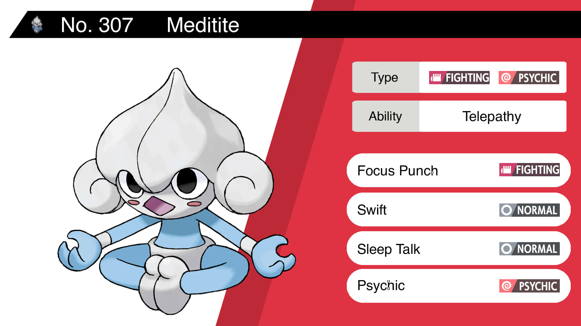 Meditite 喺紅白色背景上擺出冥想姿勢，並顯示 Pokédex 數據。