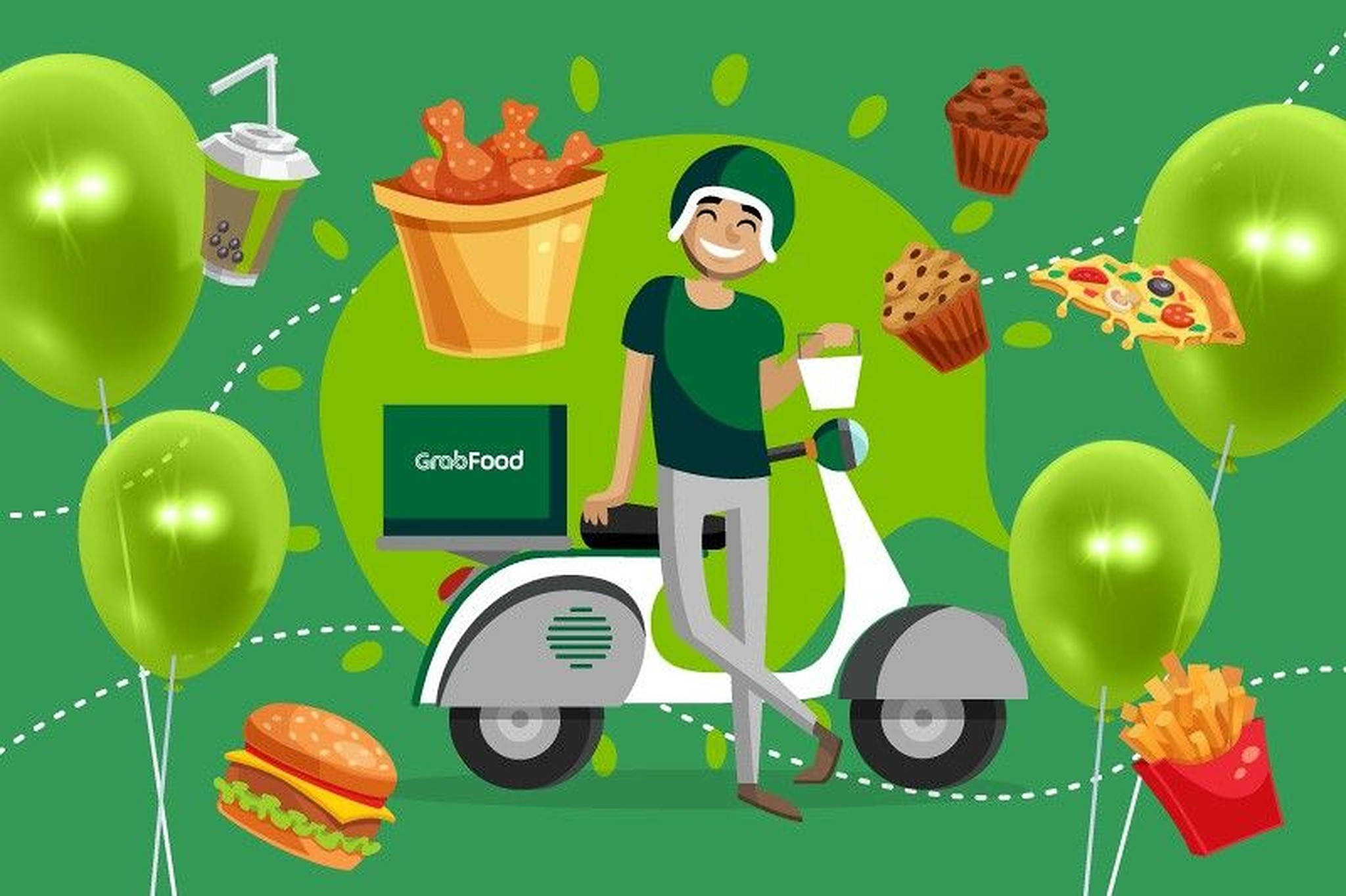 美食外送 GrabFood 壁紙 — 一位快樂的送貨騎手騎著滑板車，周圍環繞著漂浮的食物和綠色氣球，背景是充滿活力的綠色。