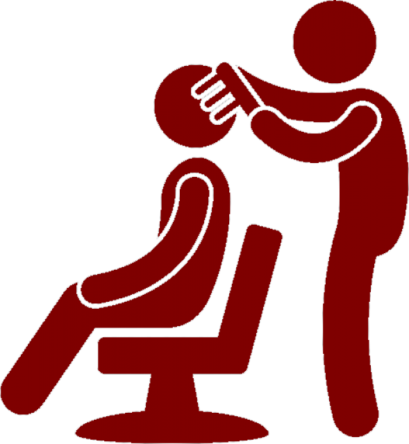 美髮廳造型服務場景 壁紙 — 一個極簡的紅色剪影顯示一個人坐在椅子上，而另一個人站在他們身後按摩他們的肩膀。