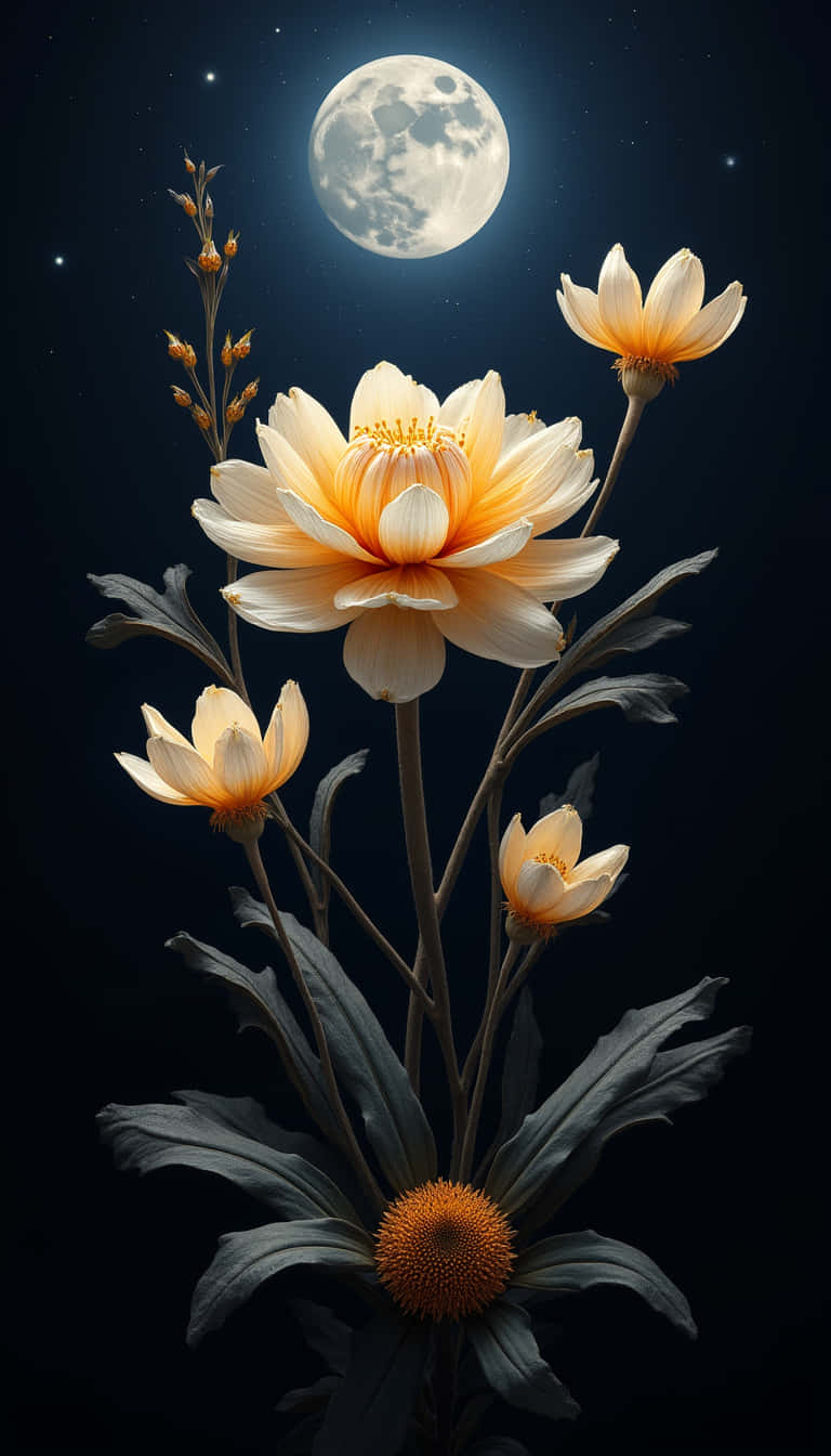 美麗,花卉,花朵,清新,植物,自然,春天,新鮮,近照,純色,照片,植物 壁紙 — 月光下的橙色和白色花朵在滿月之上的星空夜空中綻放。