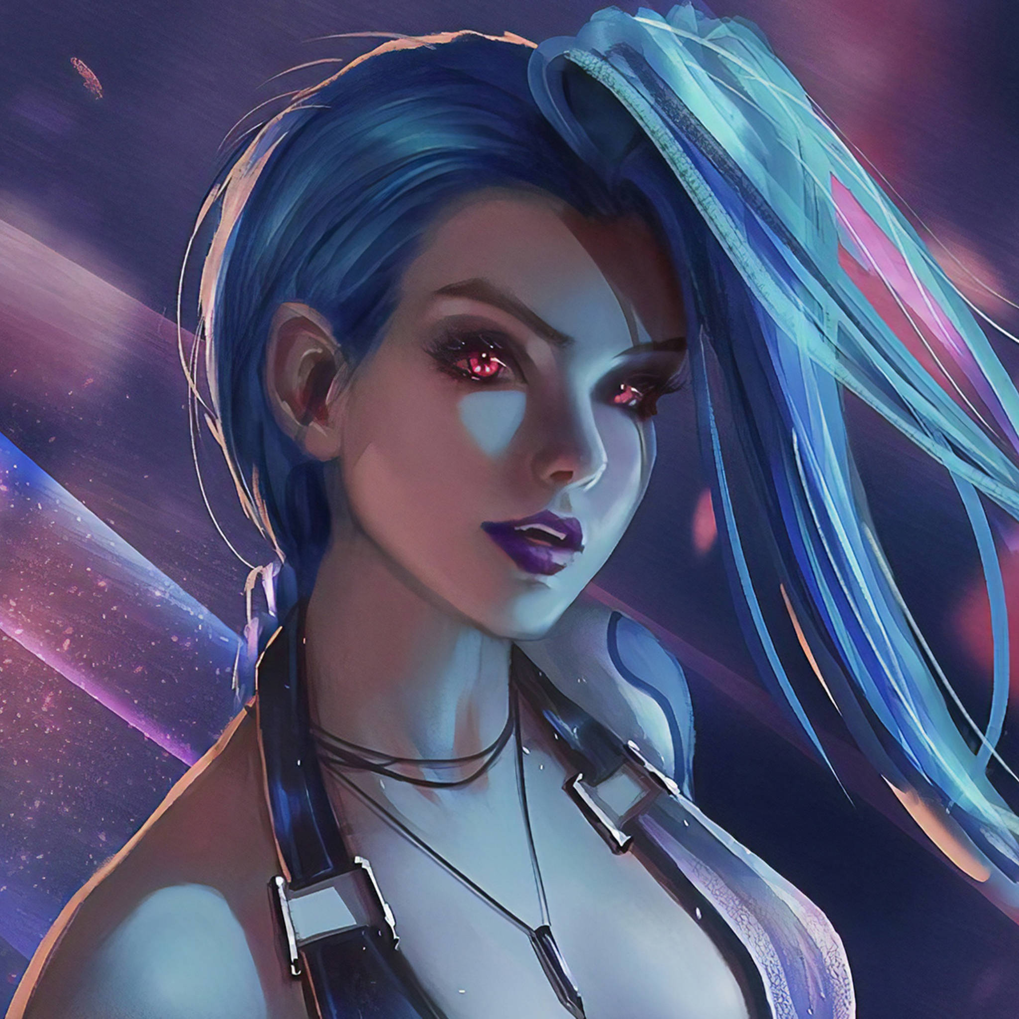 美麗Jinx 繪畫 壁紙 — 一個擁有發光紅眼和電光藍髮的賽博龐克動漫女孩，站在宇宙星雲背景前。