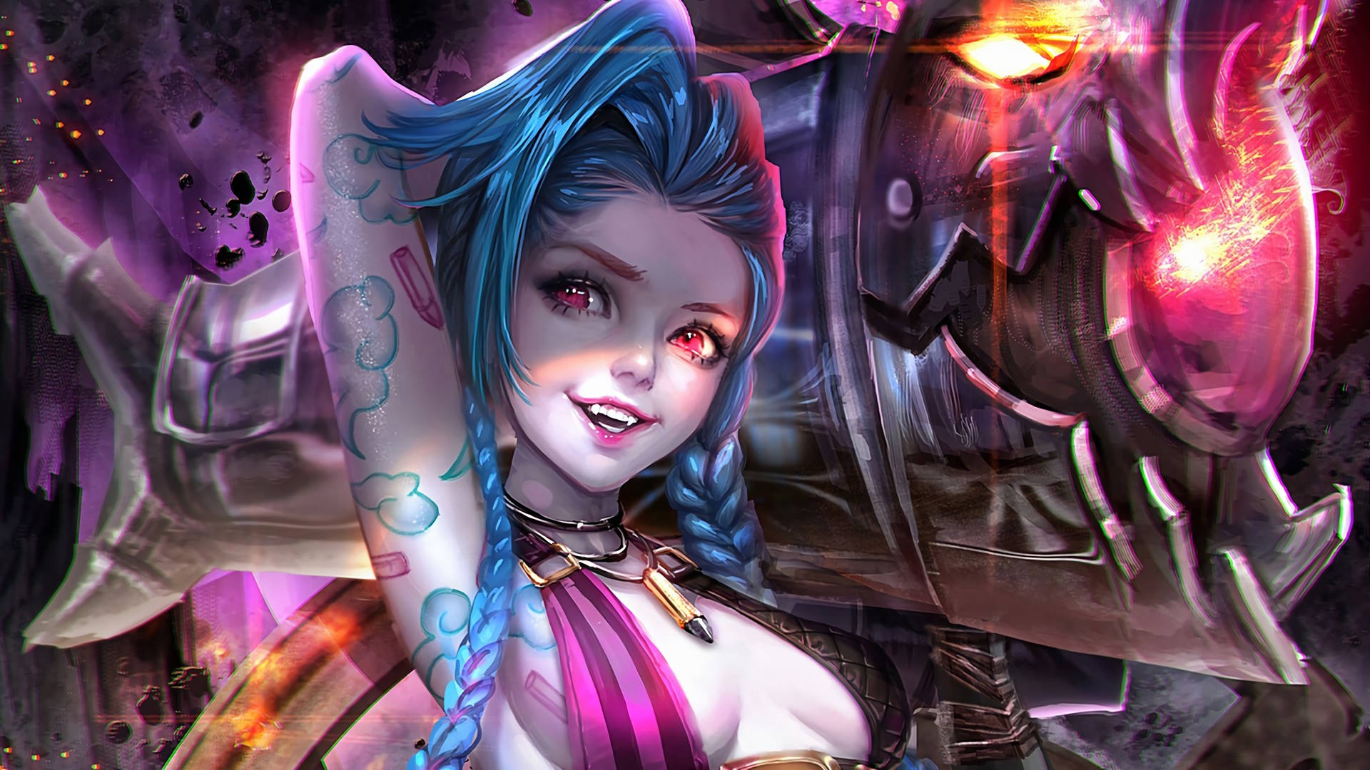 美麗Jinx與Fishbones 壁紙 — 一個充滿活力的動漫風格戰士，擁有藍色辮子頭髮和紅色眼睛，自信地站在發光的機械手臂旁邊。