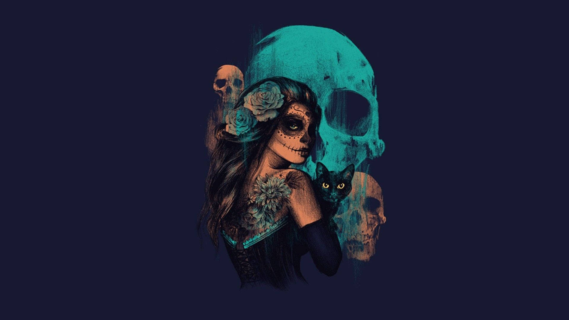 糖骷髏女人與玫瑰和黑貓，背景是藍綠色骷髏。