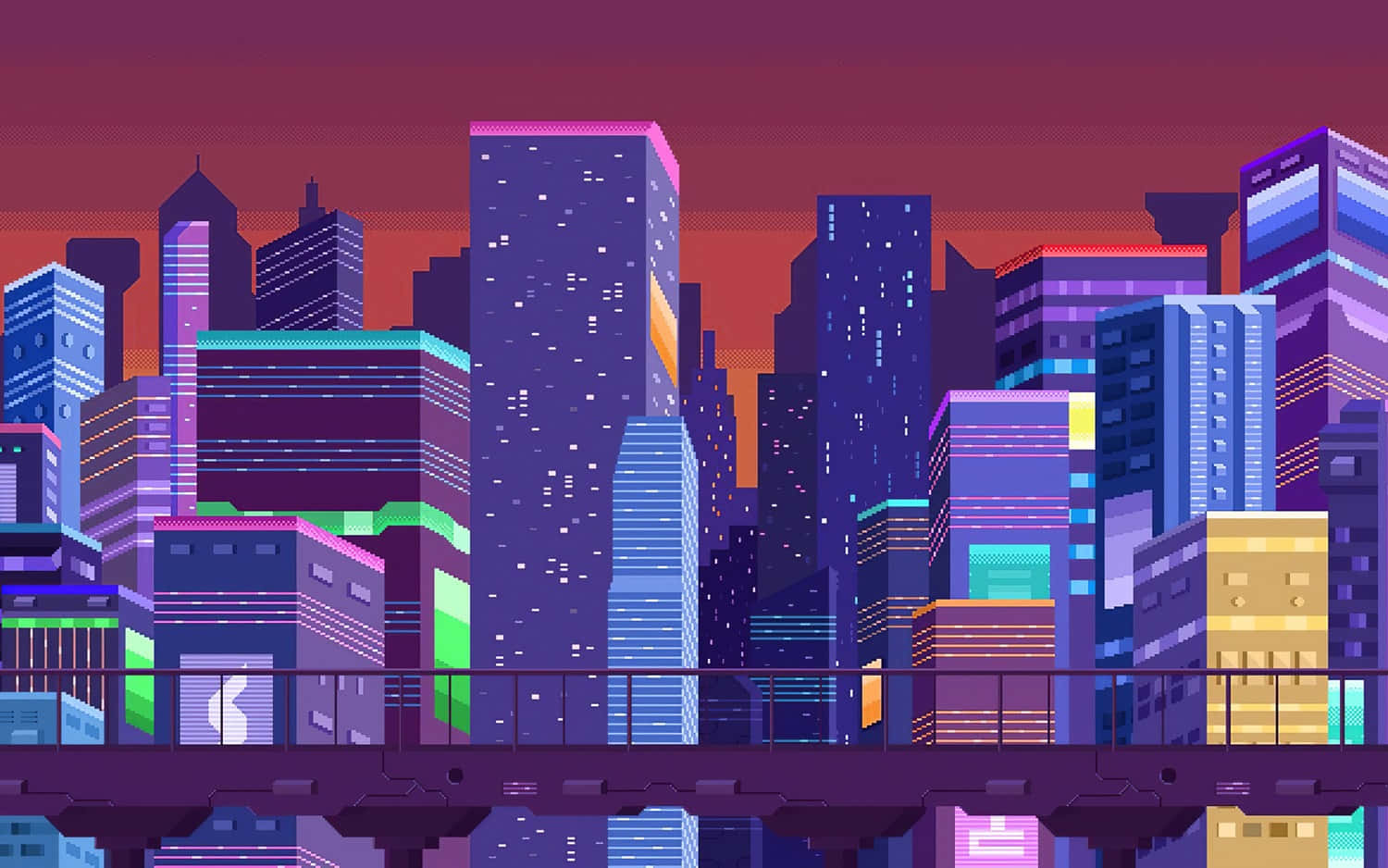日落時分的像素化城市天際線，發光的建築物和橋樑。