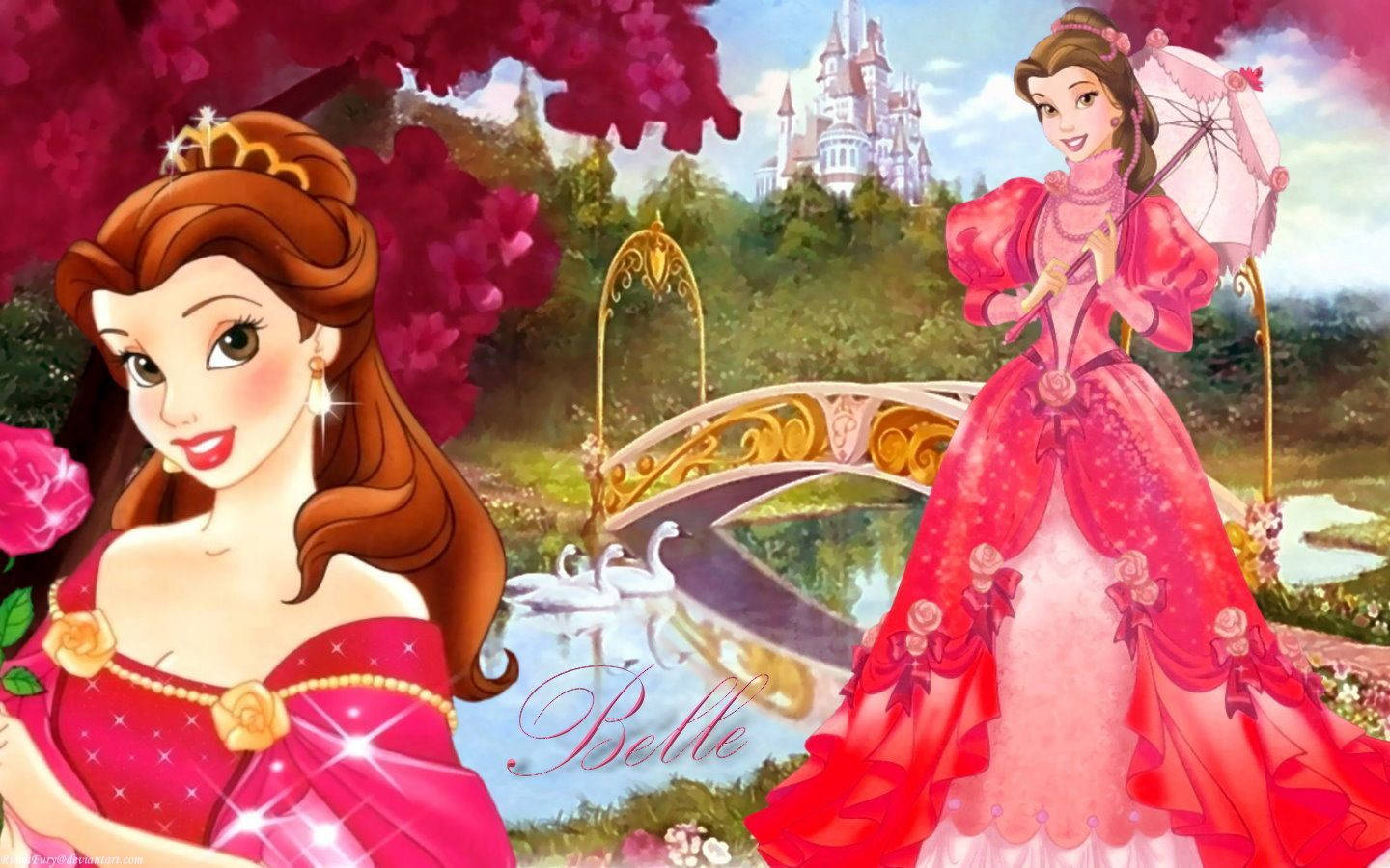 兩位身穿粉紅色裙子的公主在一個有城堡和天鵝池的魔法花園中。