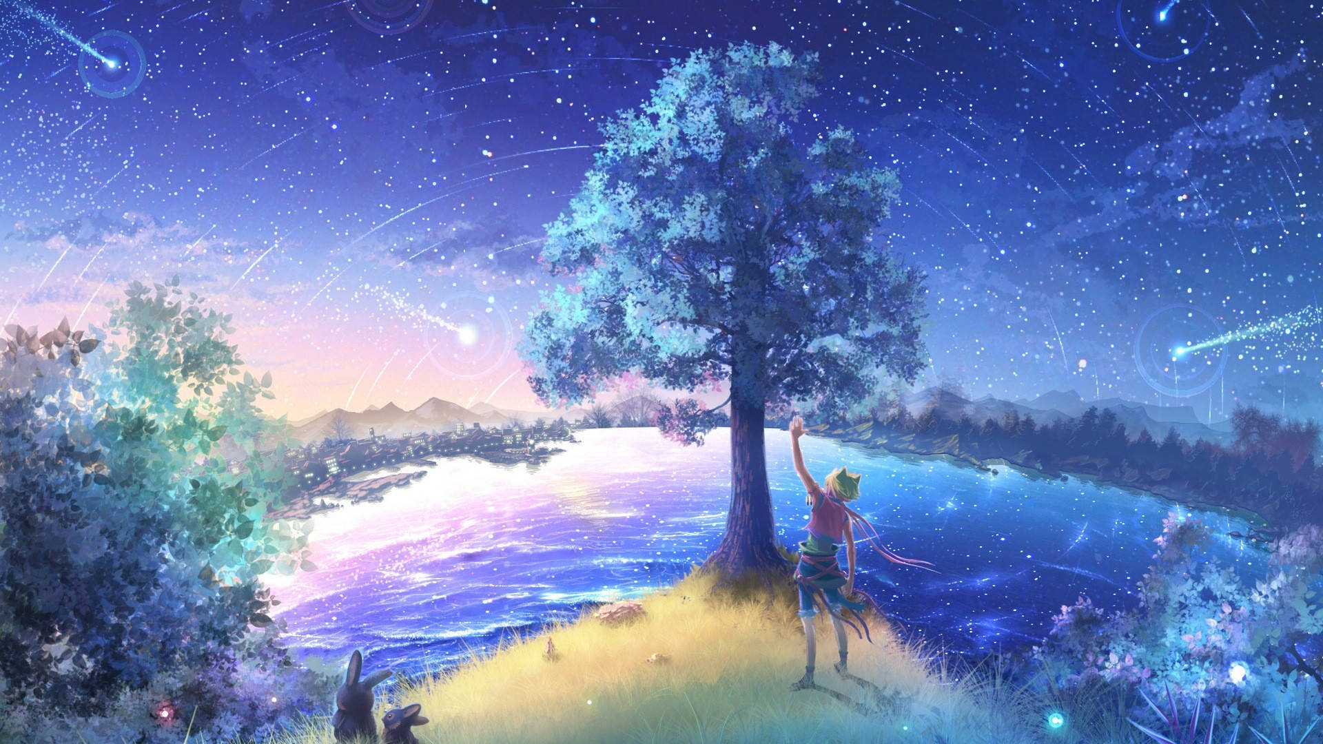一個人在充滿流星的發光湖邊樹下向天空伸手。