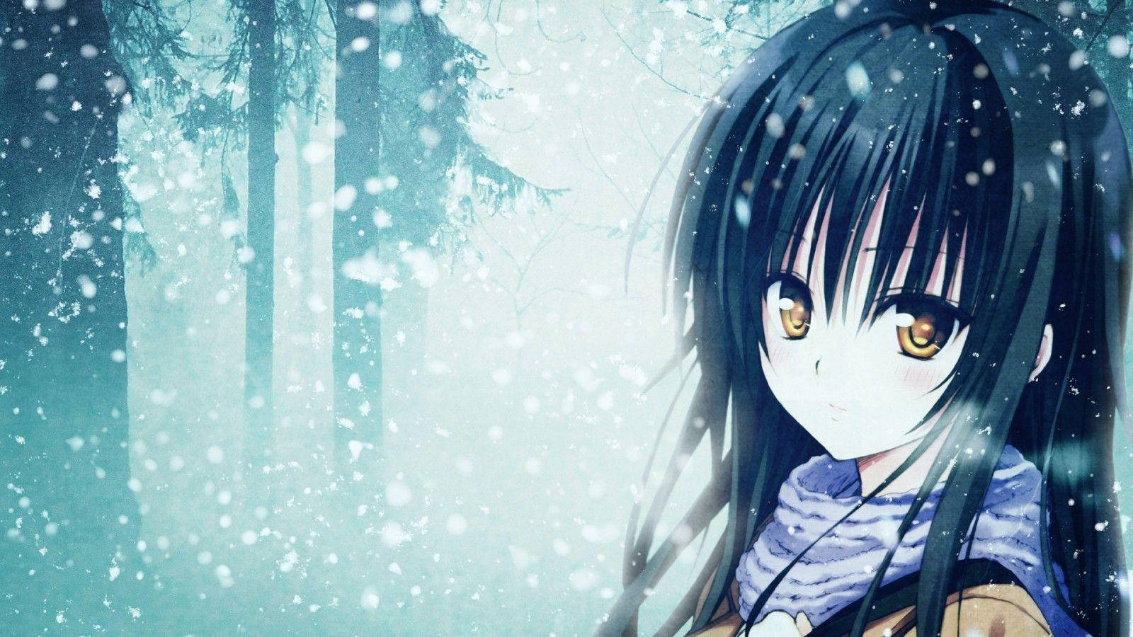 雪森林中戴圍巾的動漫女孩