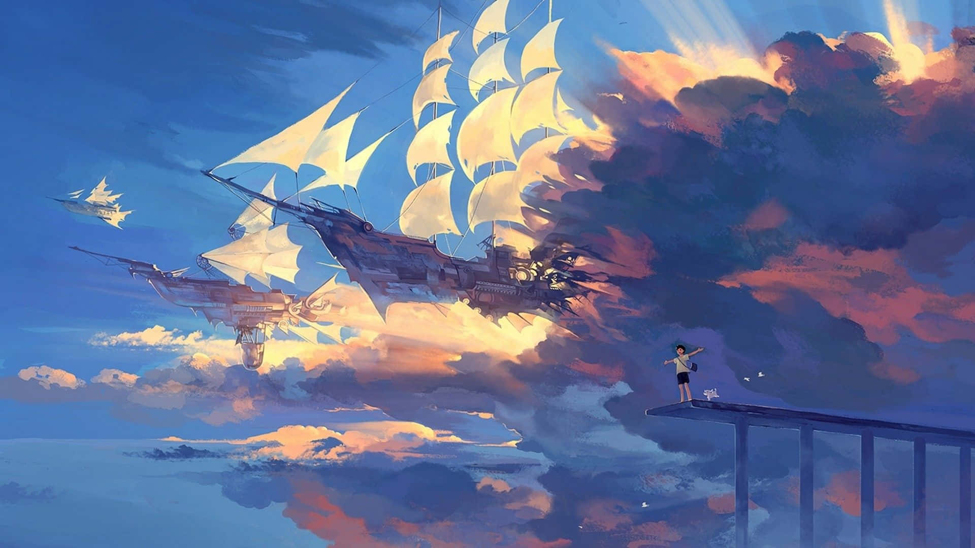 美麗動漫藝術插畫 壁紙 — 一個孤獨的身影站在浮橋上，觀看雄偉的飛船在充滿活力的日落天空中航行。