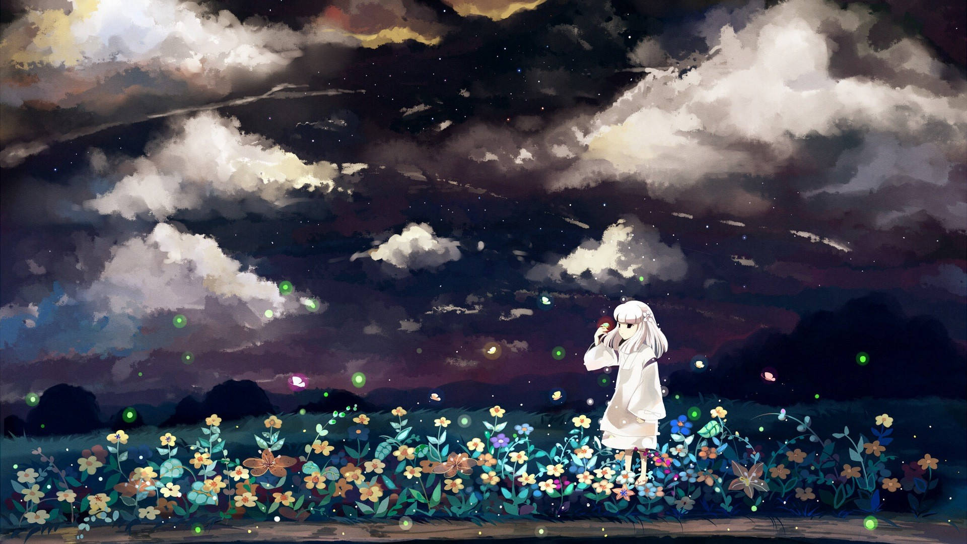 動漫女孩穿白色連衣裙站在發光花田，星空下。