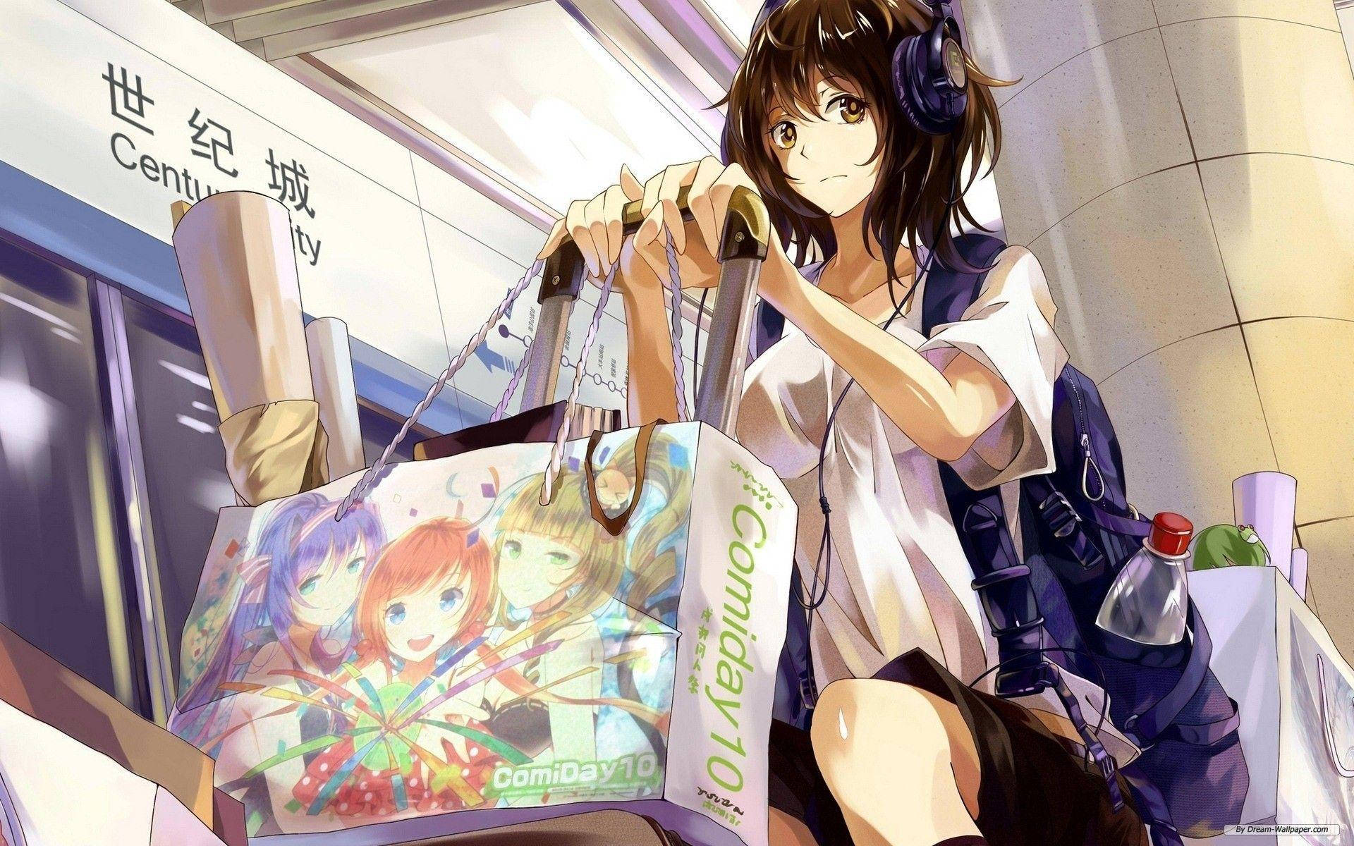 戴住耳機嘅動漫女仔喺地鐵站拖住一個ComiDay 10購物袋。