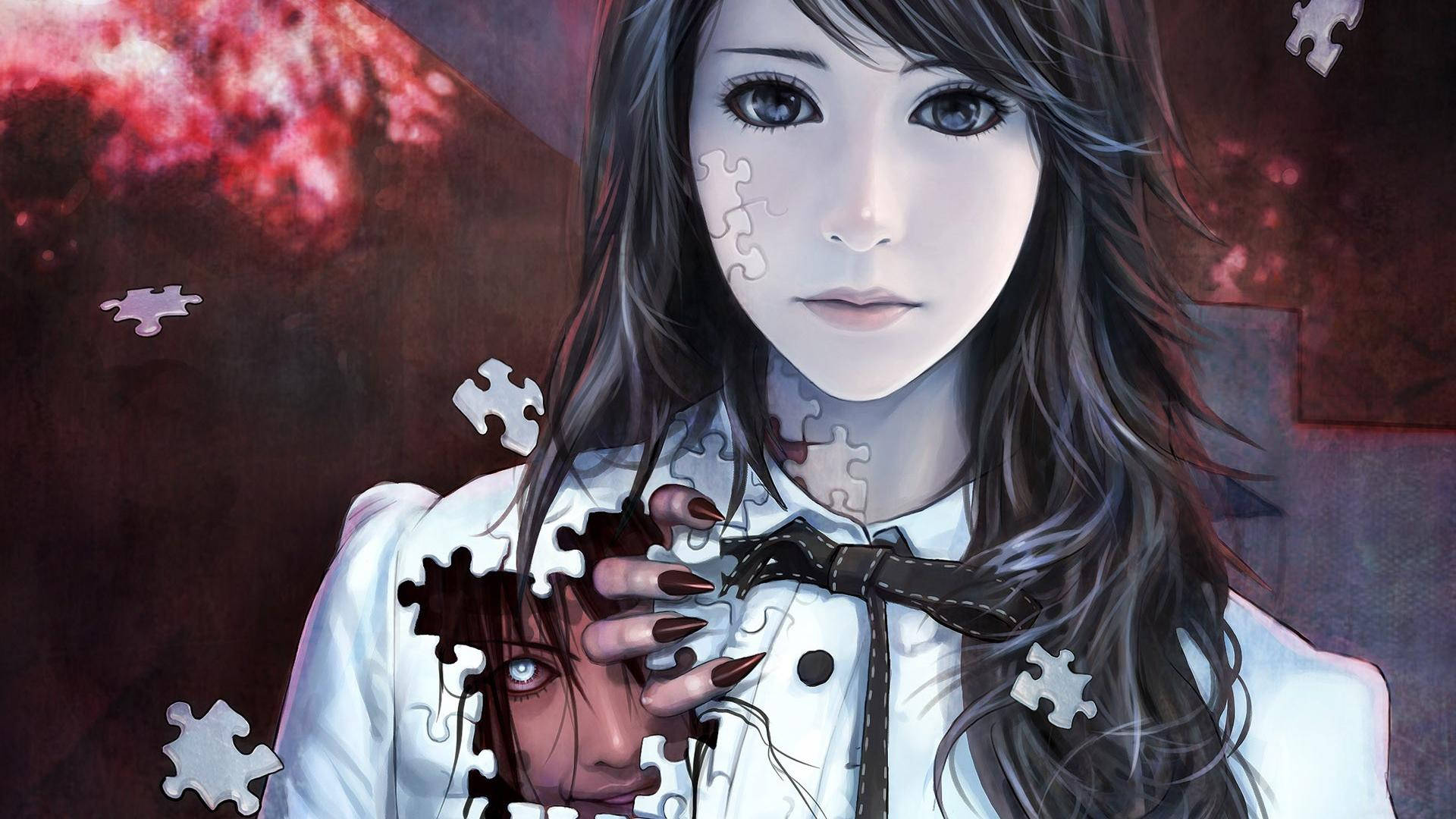 動漫女孩，拼圖碎片揭示了她白襯衫下隱藏的臉。