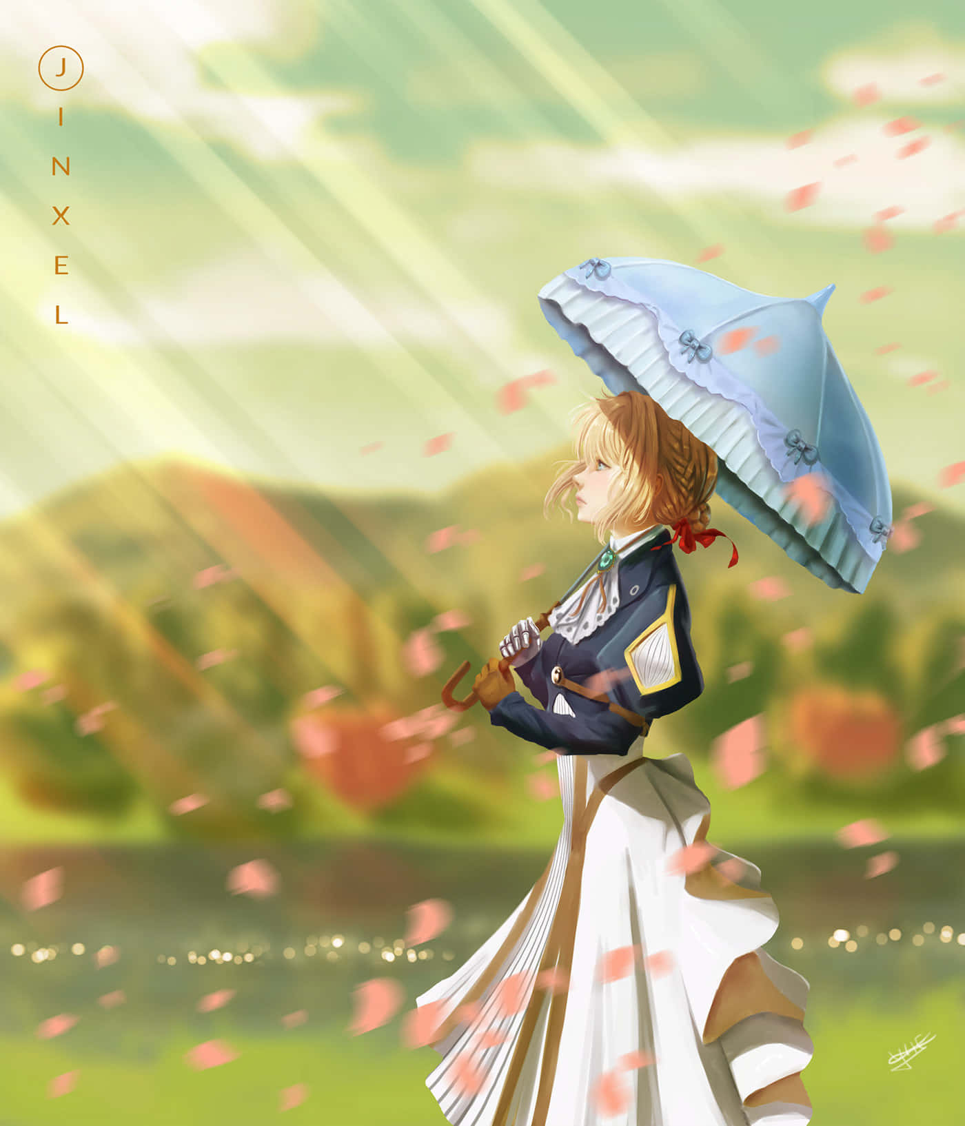 動漫女孩撐著藍色陽傘，在陽光明媚的田野中穿過飄落的粉紅花瓣