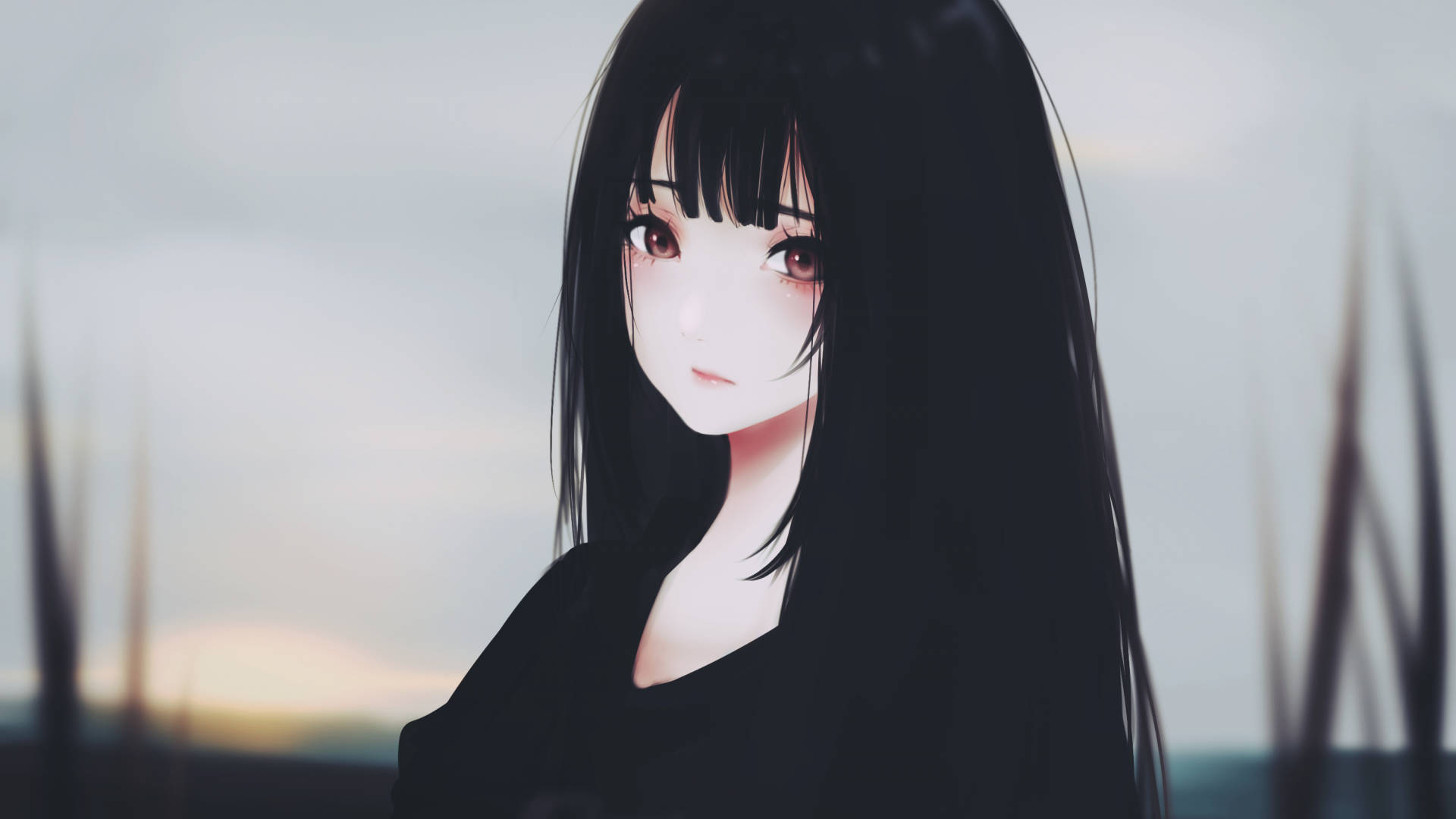 黑髮紅眼的動漫女孩，站在暮色中，伴隨著草剪影。