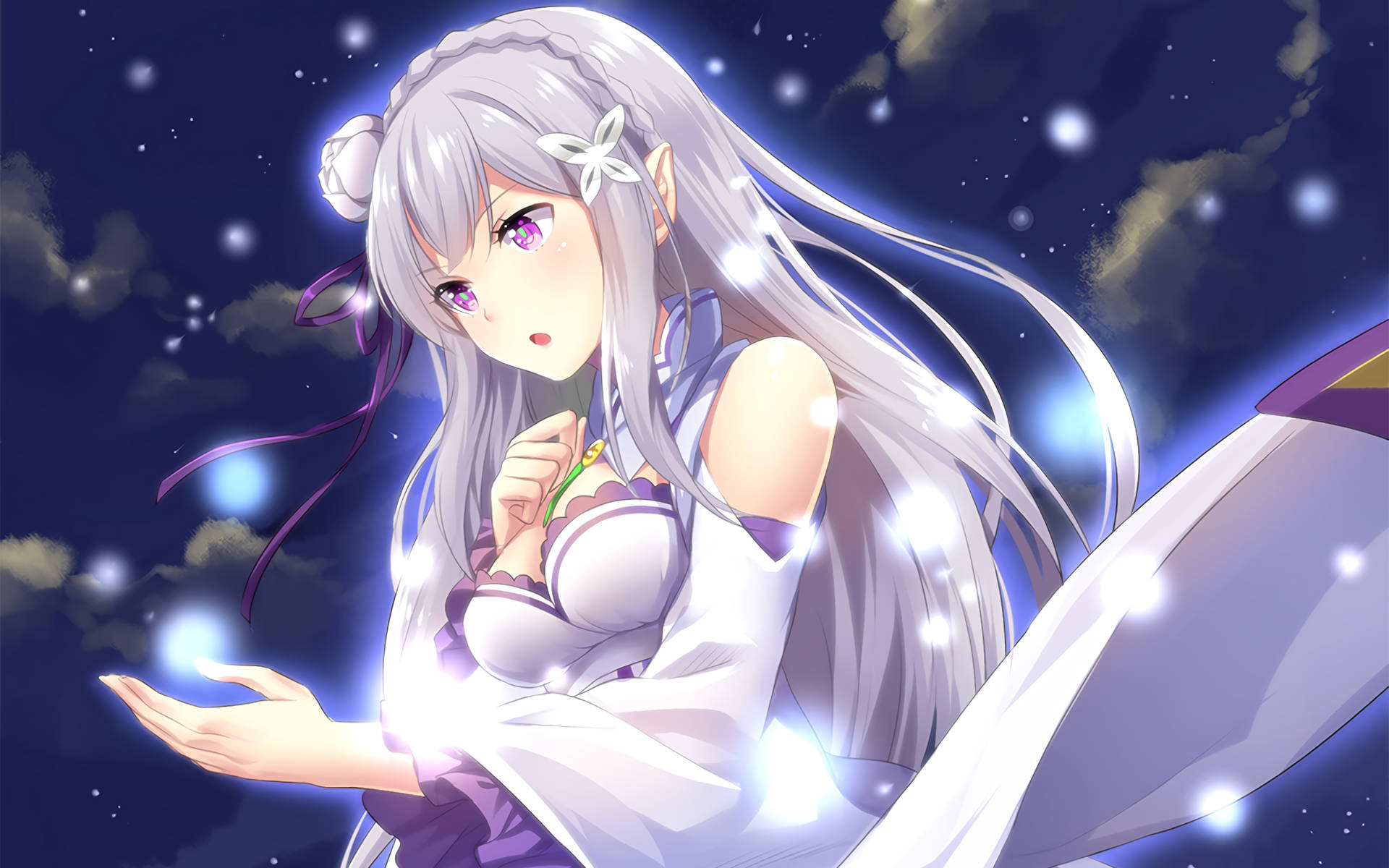 銀髮紫眼的動漫女孩在繁星點點的夜空中閃耀