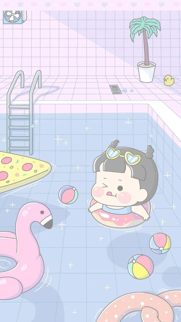一個卡通女孩在泳池中，周圍有充氣玩具和盆栽棕櫚樹。