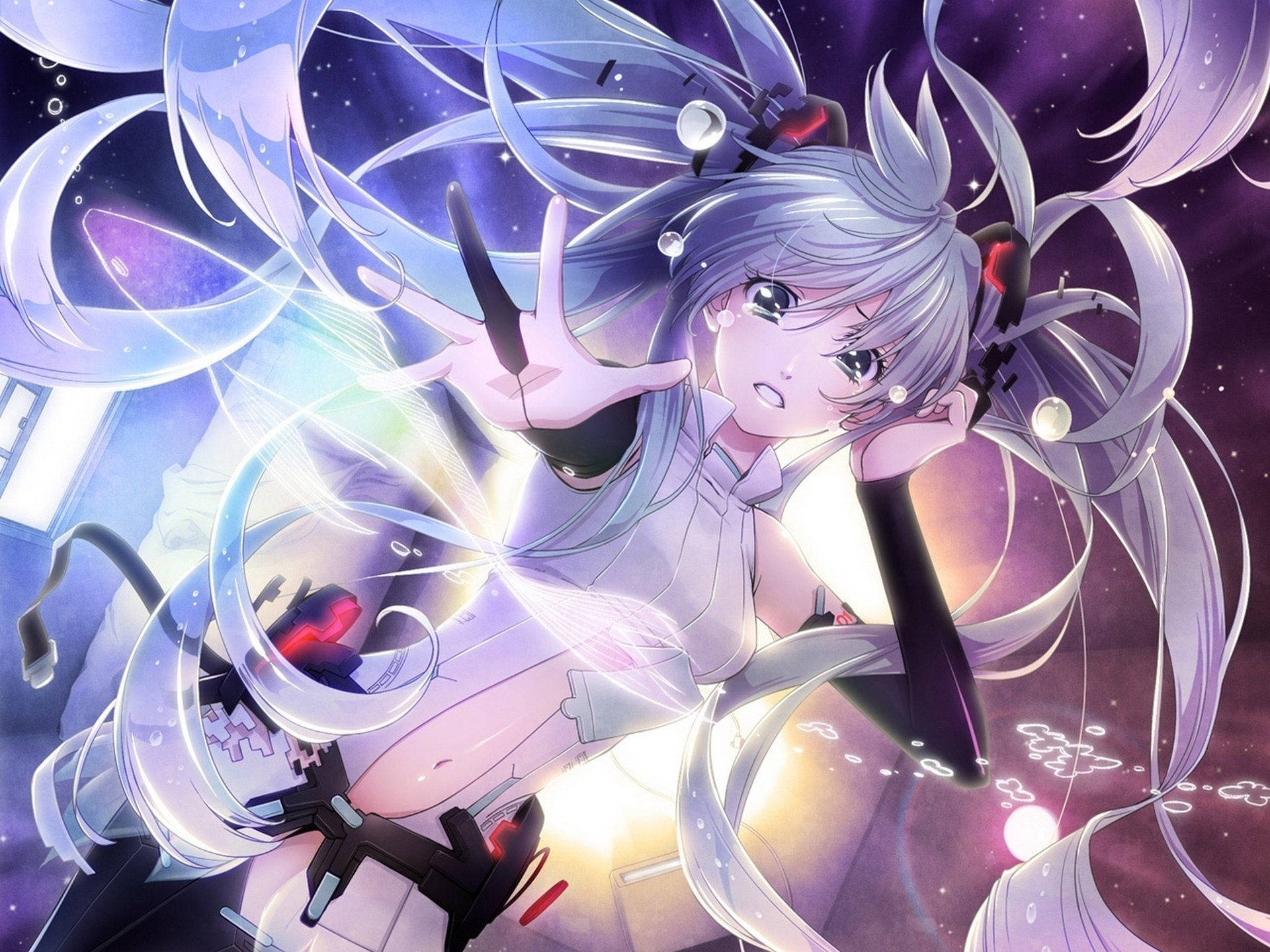 銀髮並帶有發光能量漩渦的動漫女孩，星空宇宙背景。
