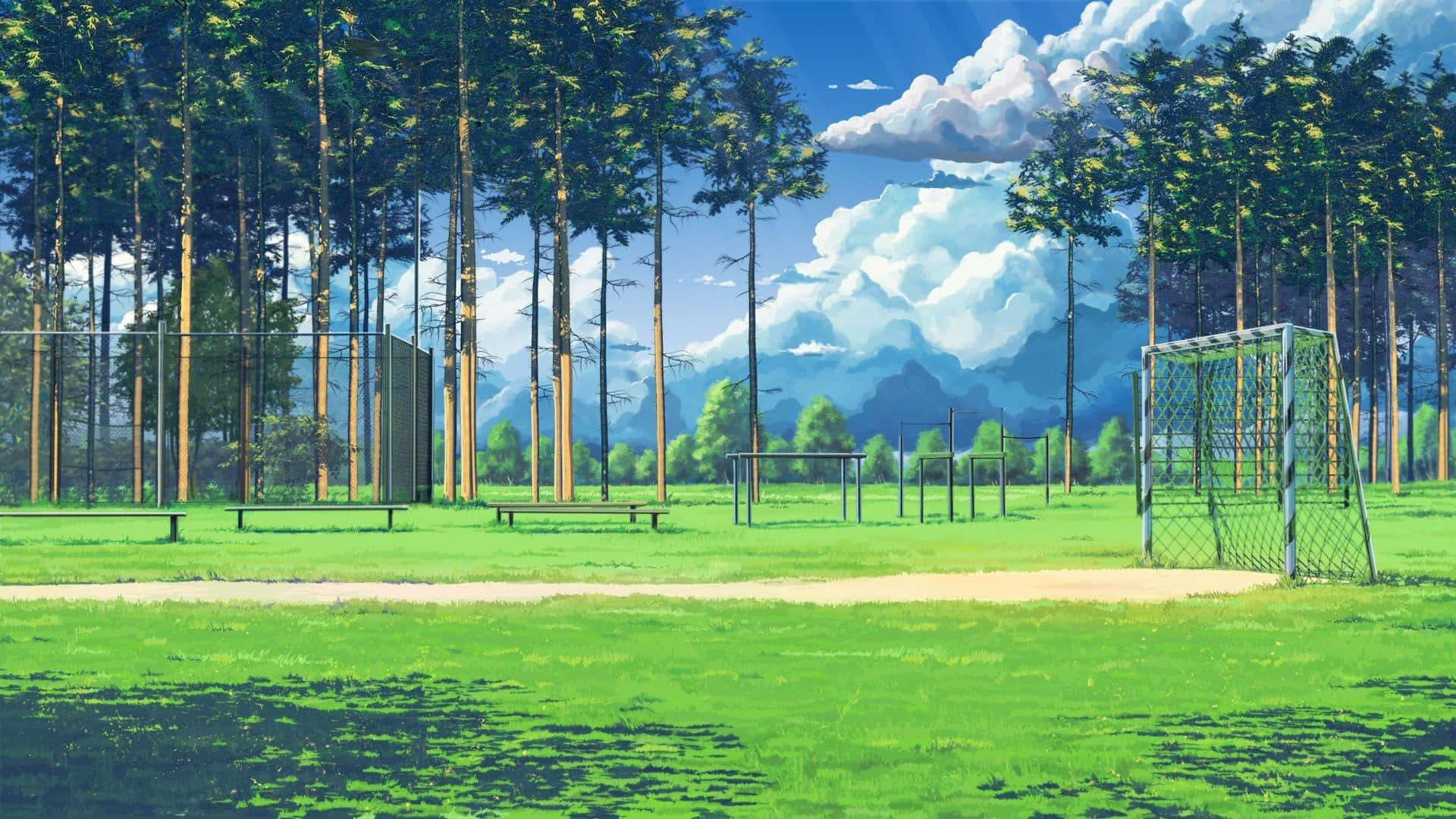 美麗圖像足球場背景 壁紙 — 一個充滿活力的動漫風格足球場，周圍環繞著高大的樹木，藍天白雲。