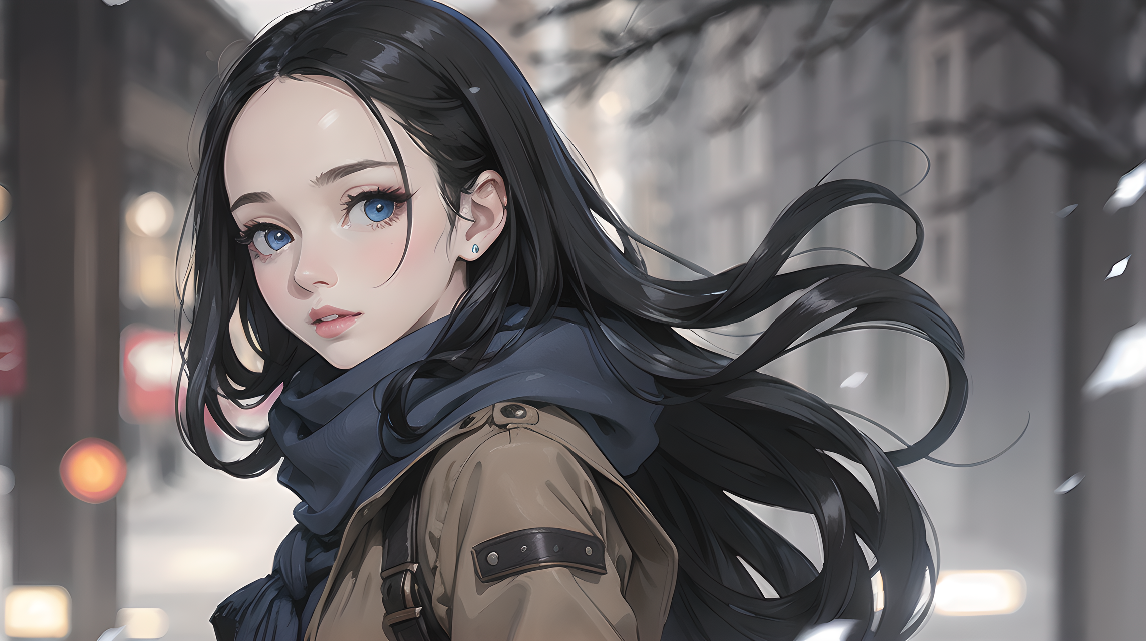 美麗女孩 壁紙 — 一位年輕女性，長長的黑髮和藍眼睛，穿著棕色外套和深色圍巾，走在雪白的城市街道上。