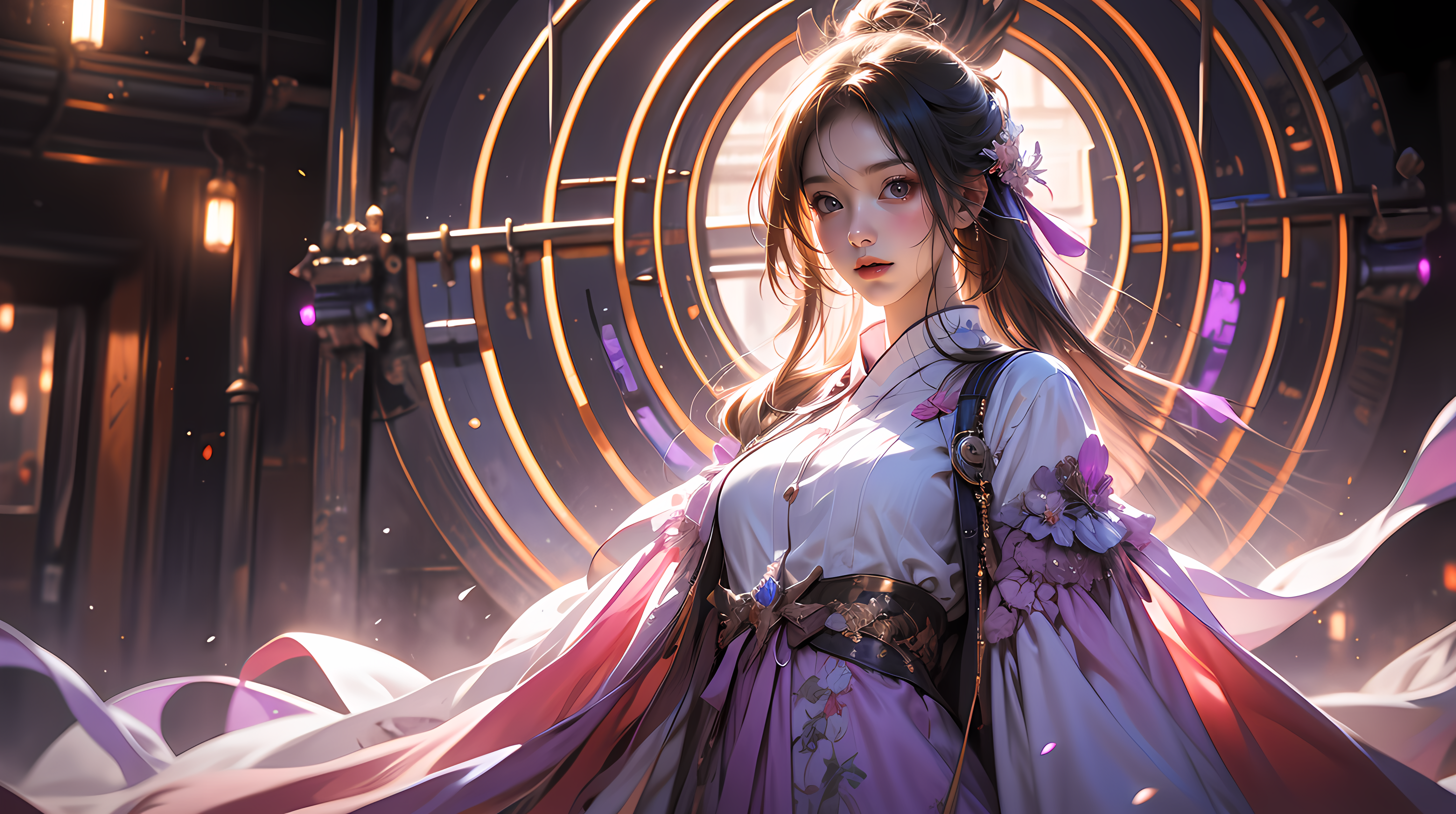 美麗女孩 壁紙 — 一位身穿飄逸紫色和白色傳統長袍的年輕女性站在未來工業環境中發光的同心環前。