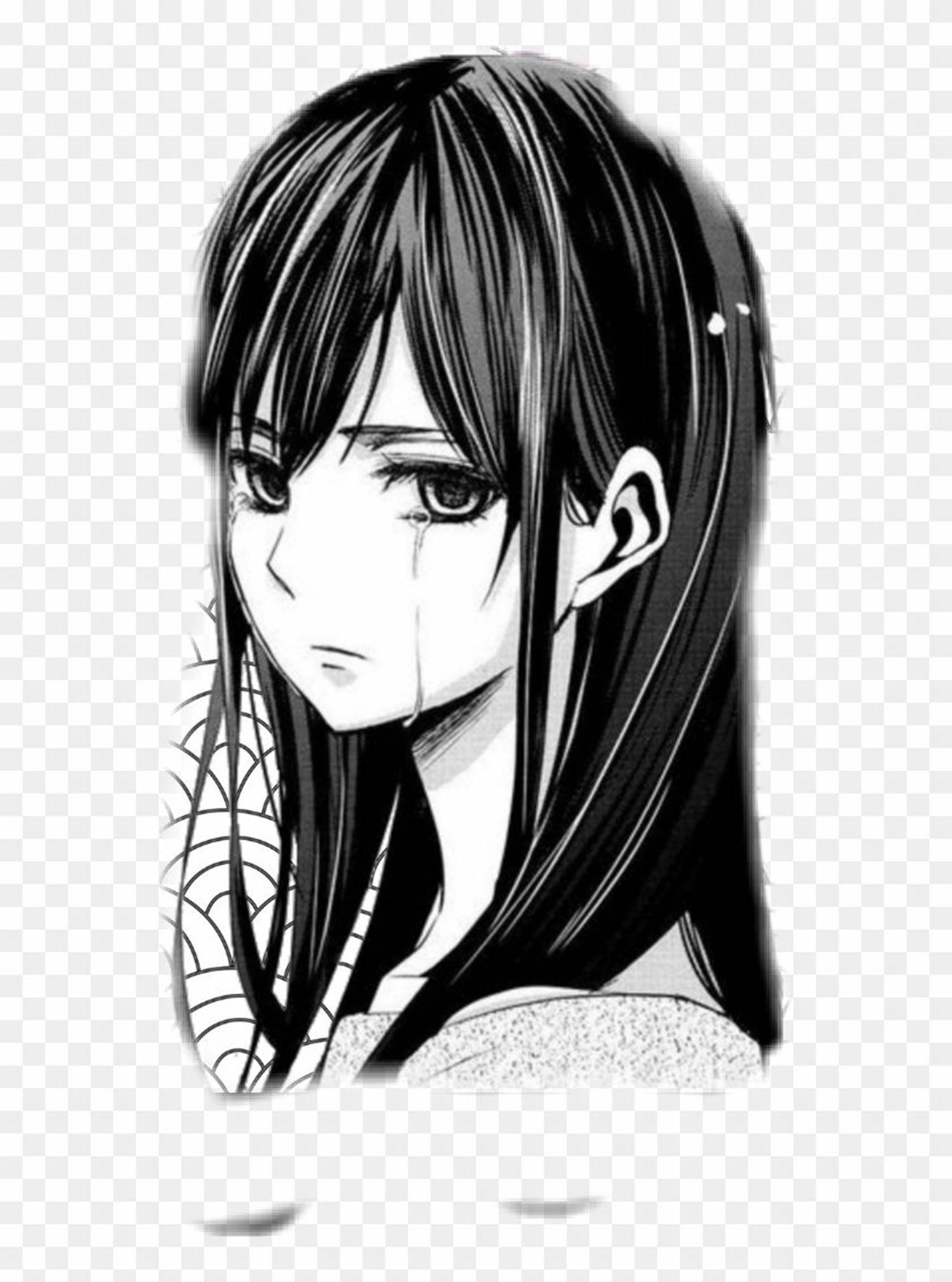 美麗女孩傷感畫作 壁紙 — 一個黑白動漫女孩，長髮，淚珠從臉頰滑落，穿著蜘蛛網圖案的衣服。