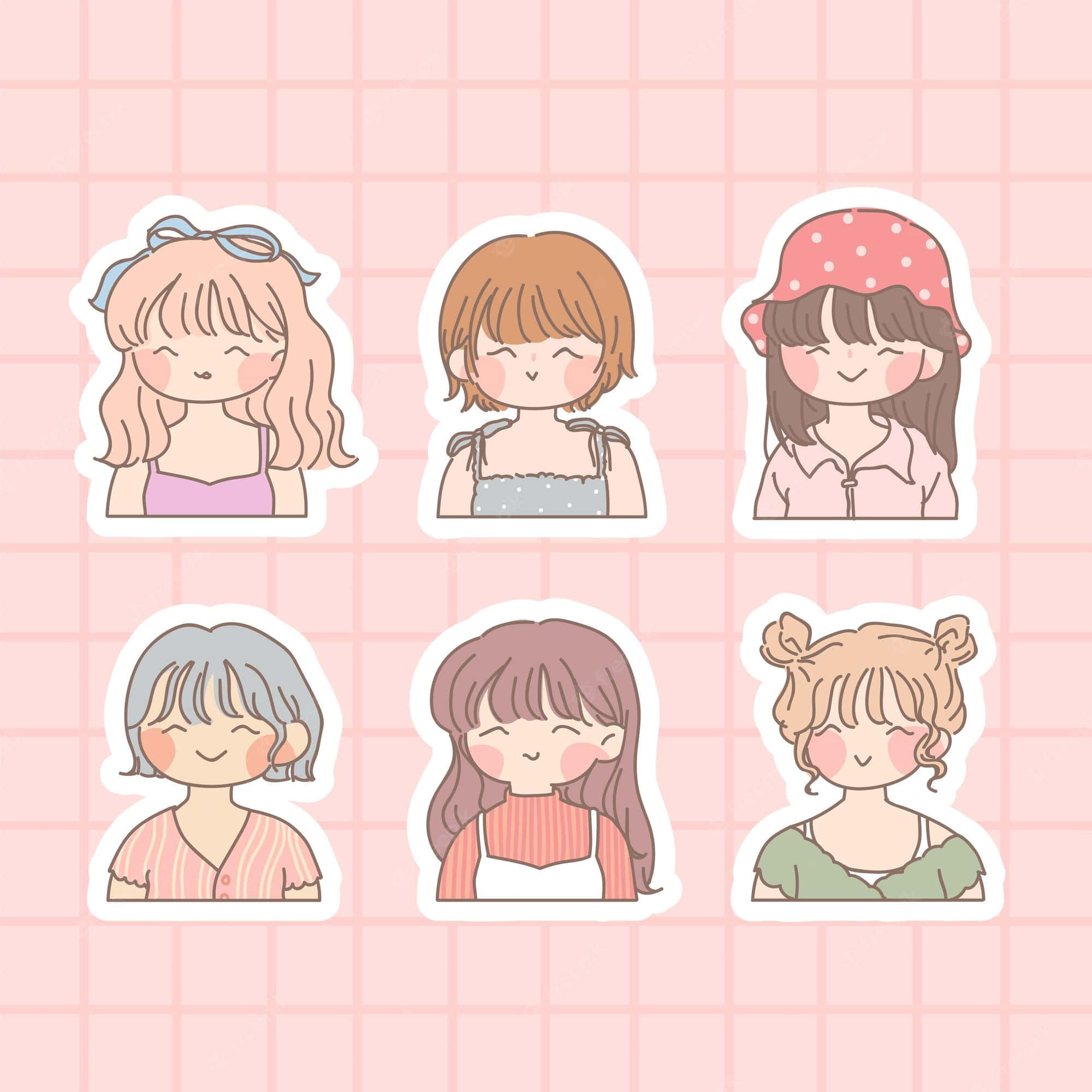 美麗女孩微笑對鏡頭 壁紙 — 六個可愛的插圖女孩貼紙，閉著眼睛，臉頰紅潤，背景是粉紅色網格。