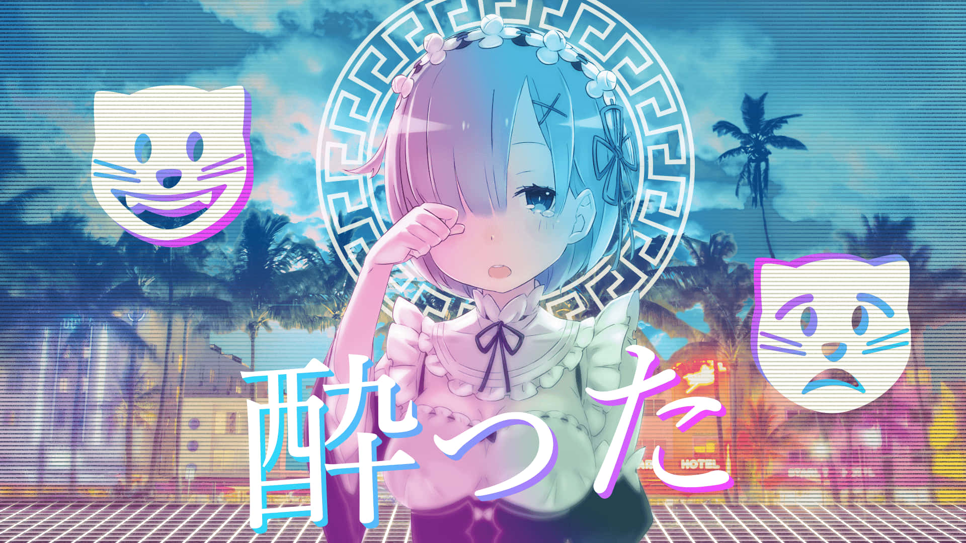 藍髮動漫女孩在帶有故障貓臉的霓虹熱帶環境中。