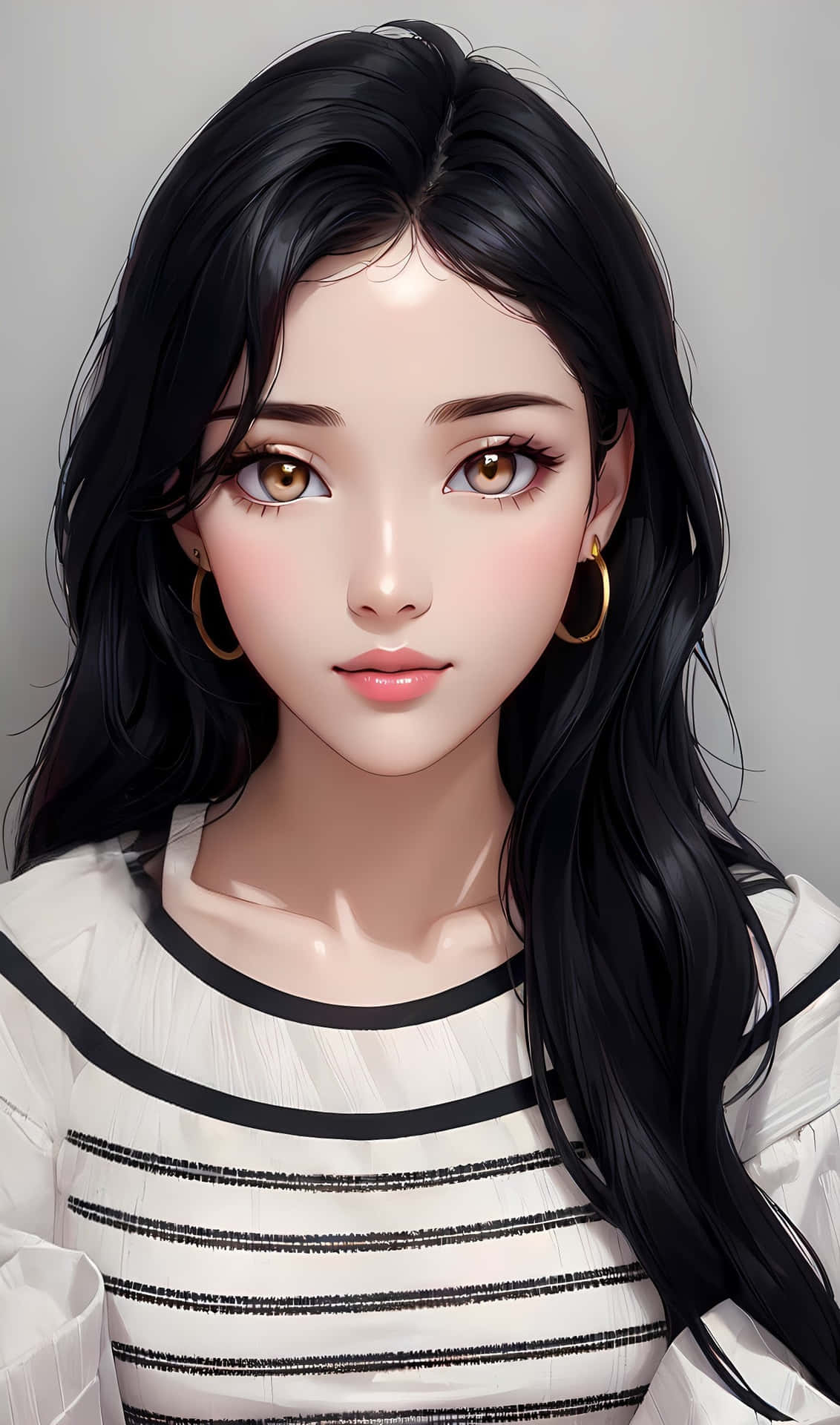 年輕女性，長黑髮，金色圓環耳環，身穿黑白條紋上衣。