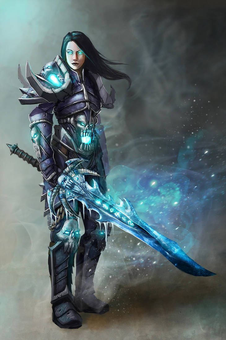 美麗女死騎士 壁紙 — 一位黑髮戰士身著華麗盔甲，在煙霧繚繞的宇宙背景下揮舞著發光的藍色劍。