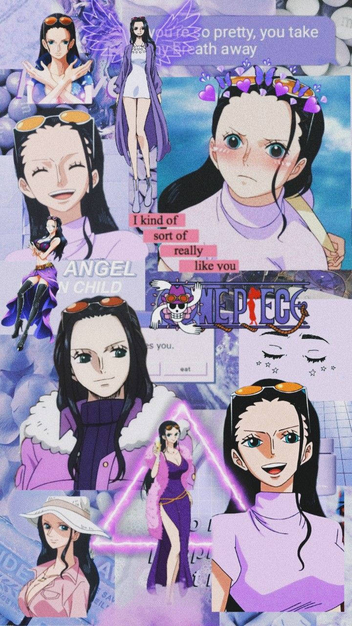 美麗妮可·羅賓《海賊王》美學 壁紙 — 一幅充滿活力的動漫拼貼畫，包含《One Piece》中的多個角色，採用紫色和粉紅色調，並帶有浪漫的文字疊加。