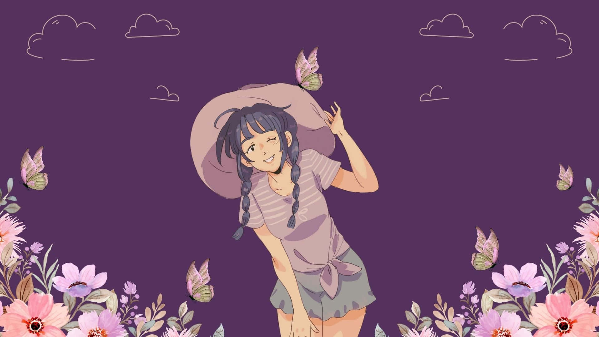 紮辮子的動漫女孩微笑著，蝴蝶在她周圍飛舞，背景是紫色天空，帶有花卉邊框。