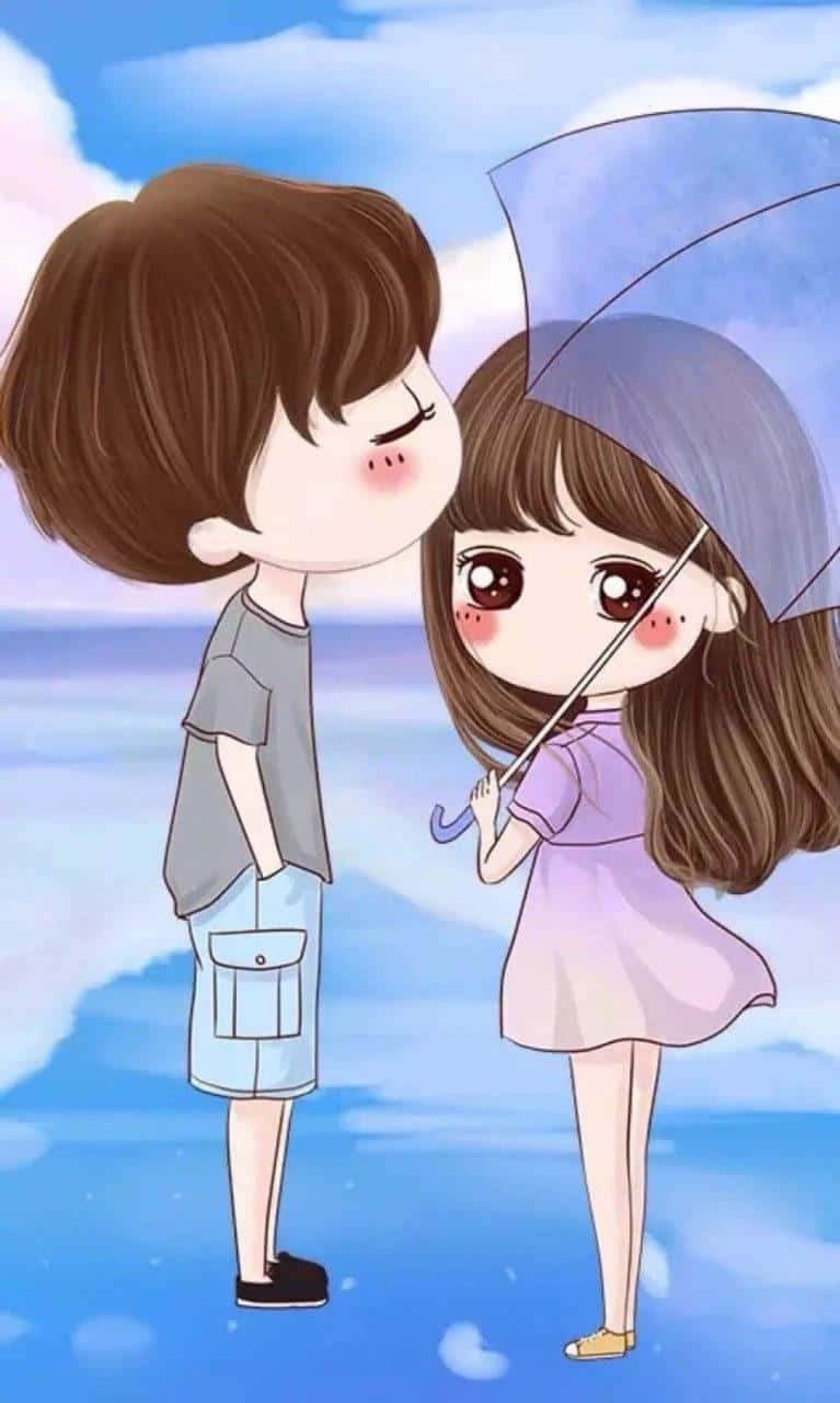 美麗年輕女子微笑對鏡頭 壁紙 — 一對可愛的動漫情侶在藍色雨傘下，以柔和天空為背景，分享溫馨時刻。