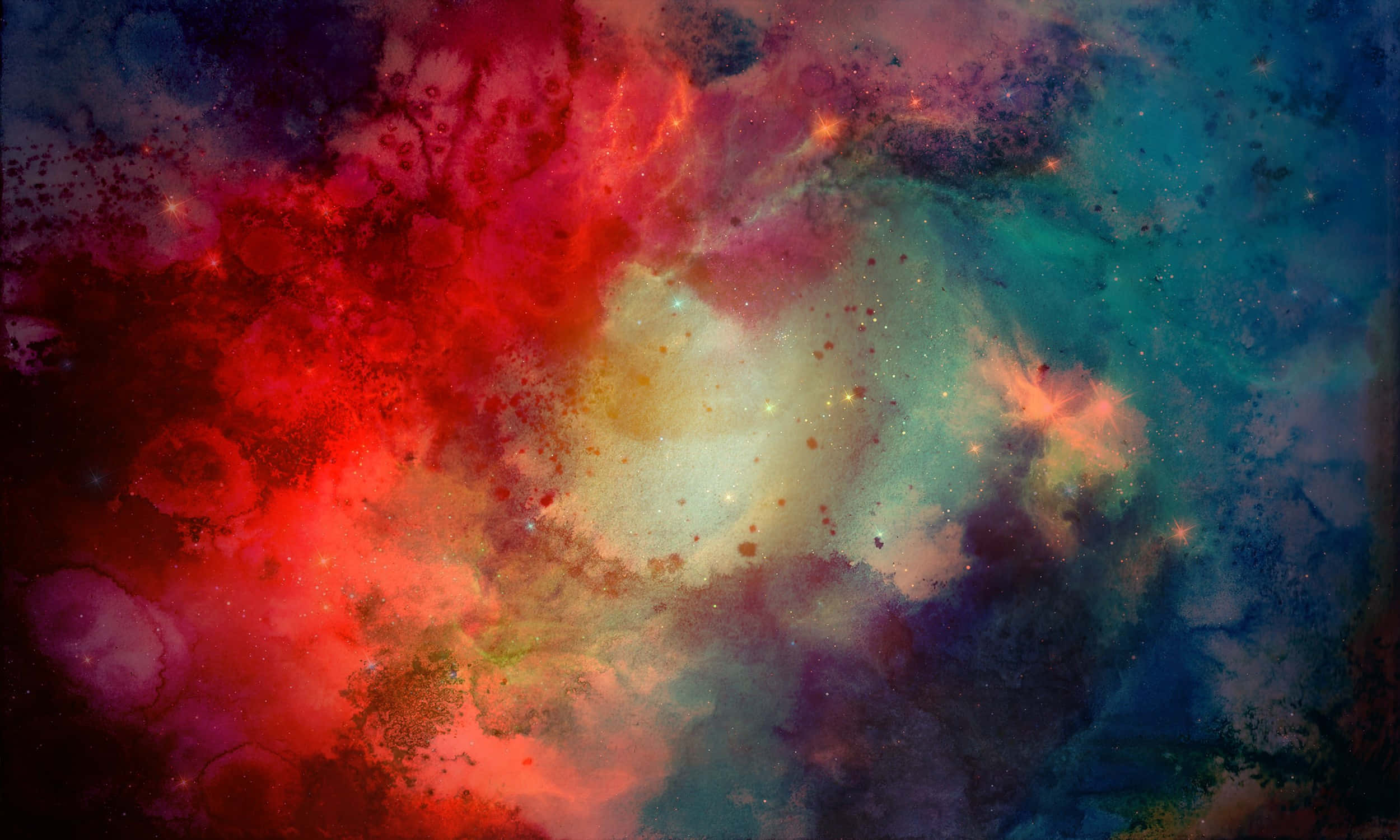 美麗抽象高解析度水彩背景 壁紙 — 充滿活力的宇宙星雲在黑暗虛空中以紅色、藍綠色和金色旋轉，並散佈著星星。