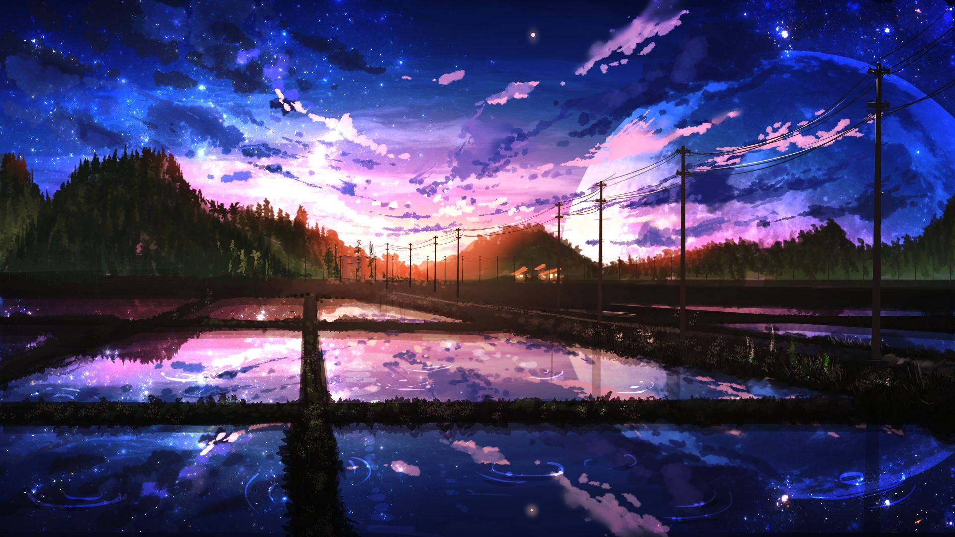 淹水的稻田倒映著星空黃昏，有森林山丘和電線。 — 動漫風景 壁紙